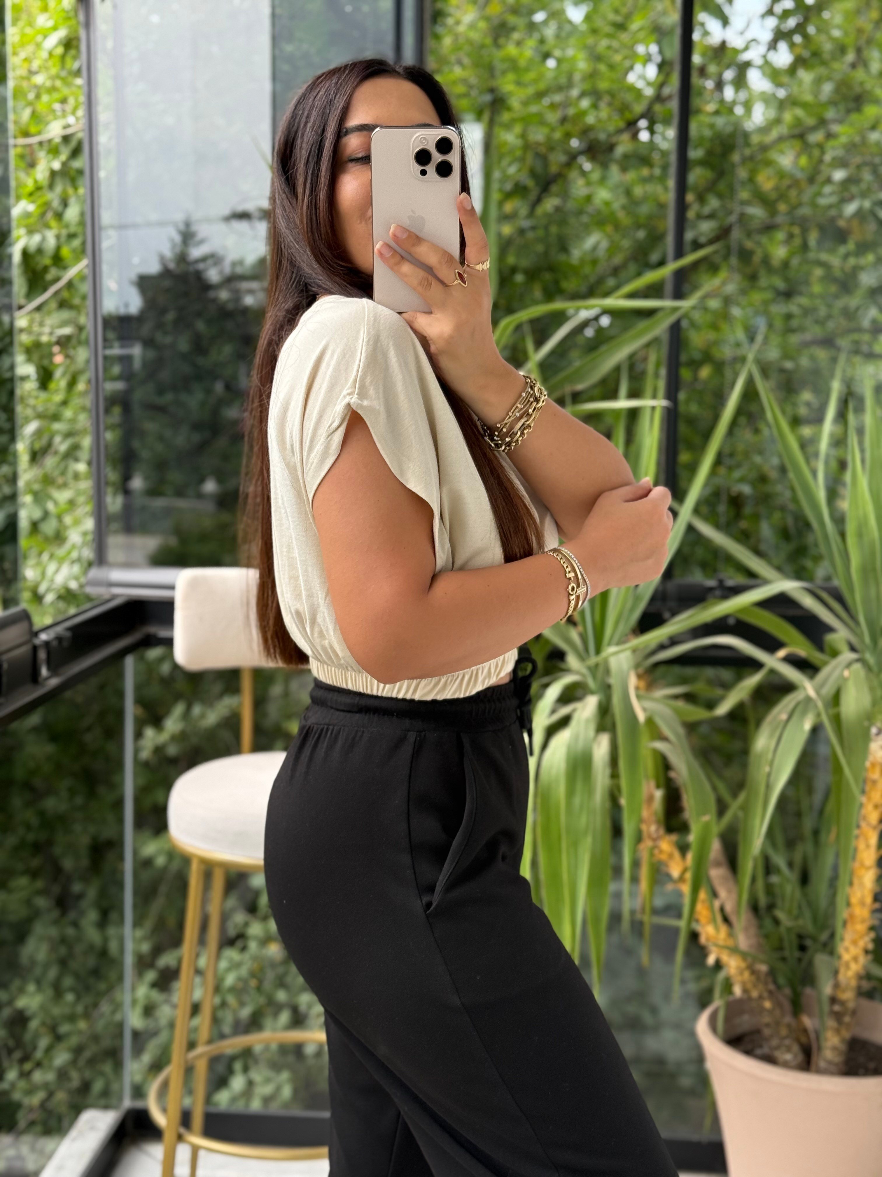 Beli Lastikli Crop Tişört Bej