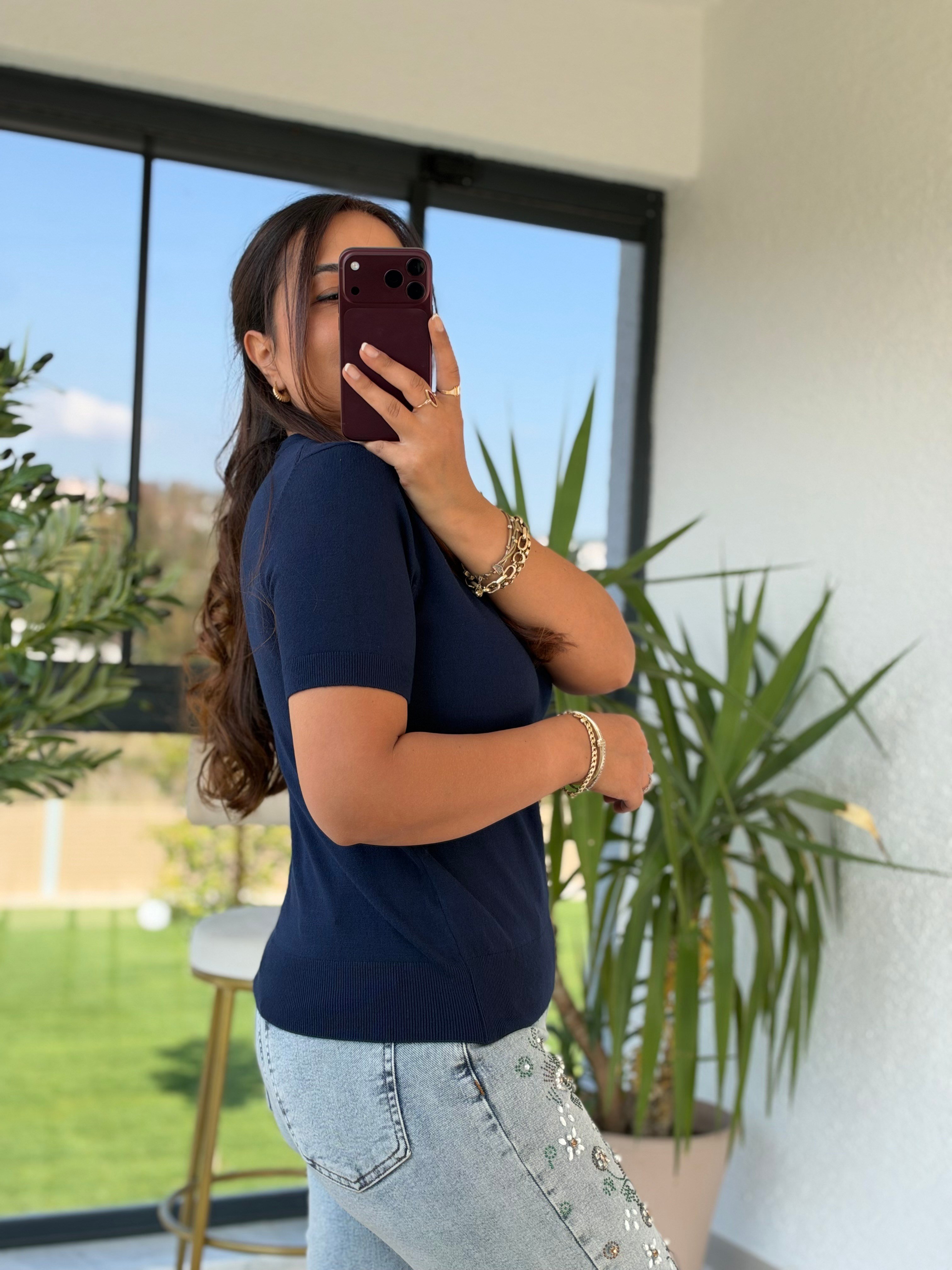 Bisiklet Yaka Kısa Kol Basic Triko Bluz Lacivert
