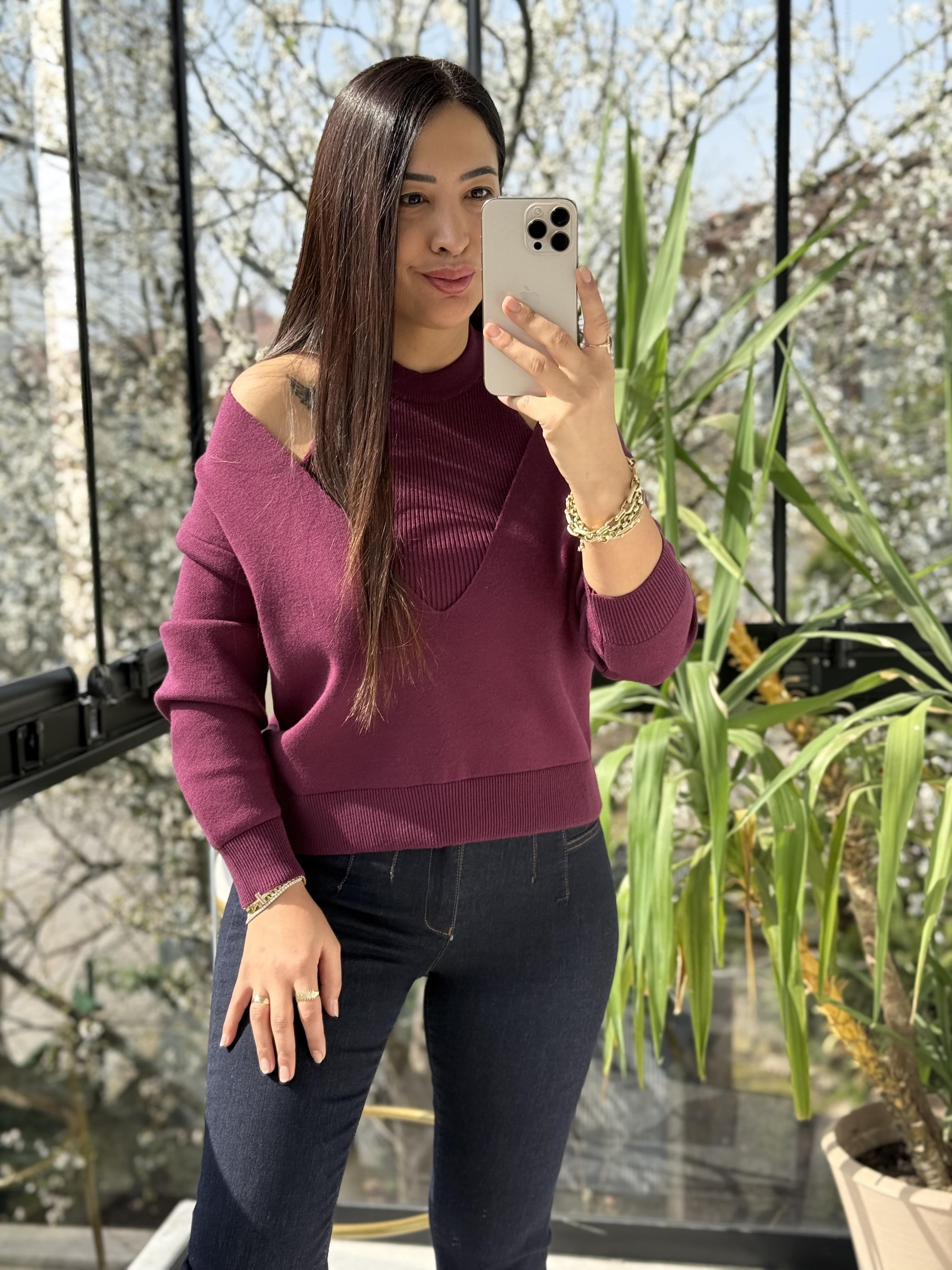 V Detay Atletli Triko Mürdüm