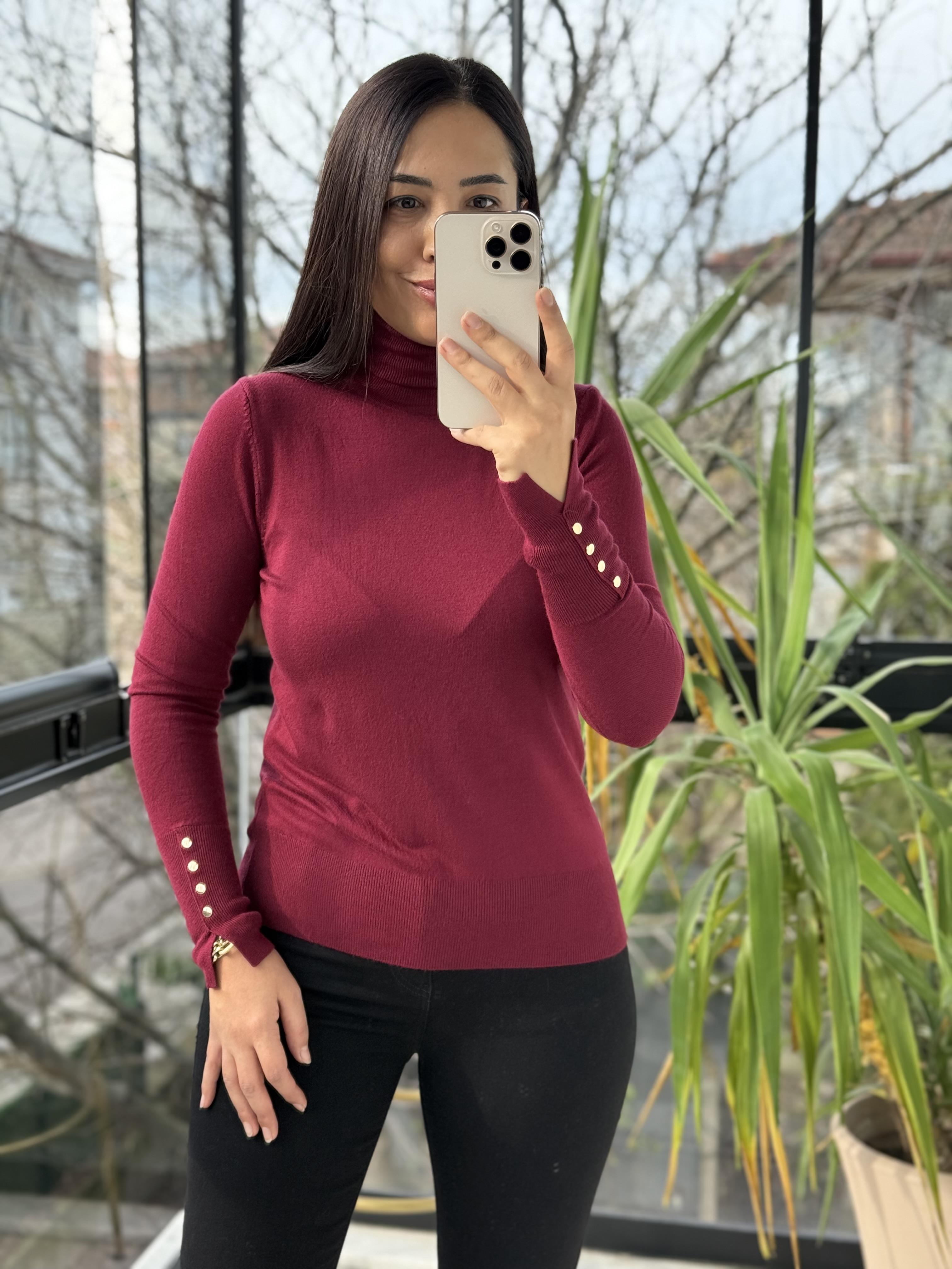 Dilvin Balıkçı Yaka Kol Ortası Droplu Triko Bordo