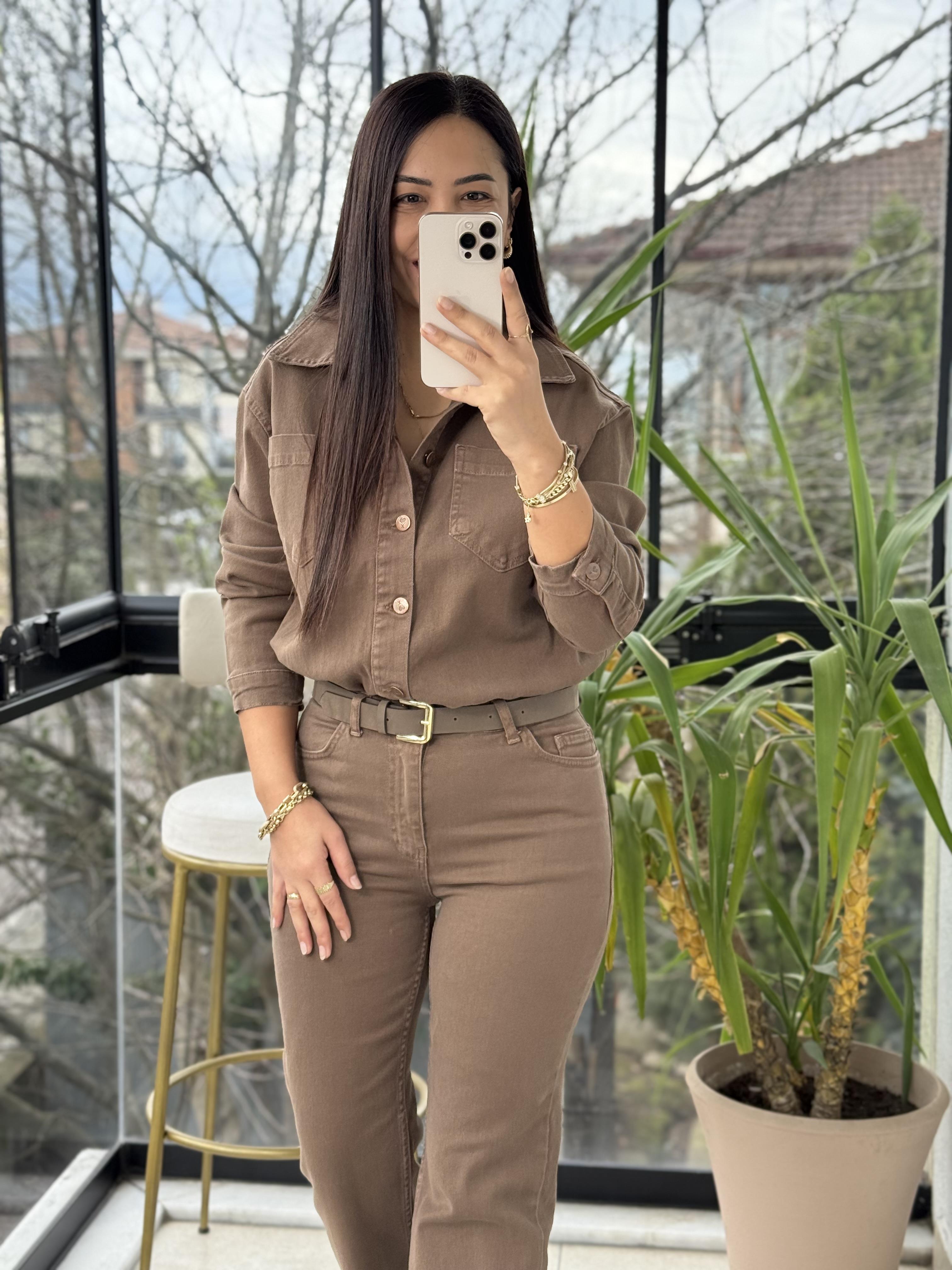 Beli Büzgülü Klasik Kot Tulum Vizon