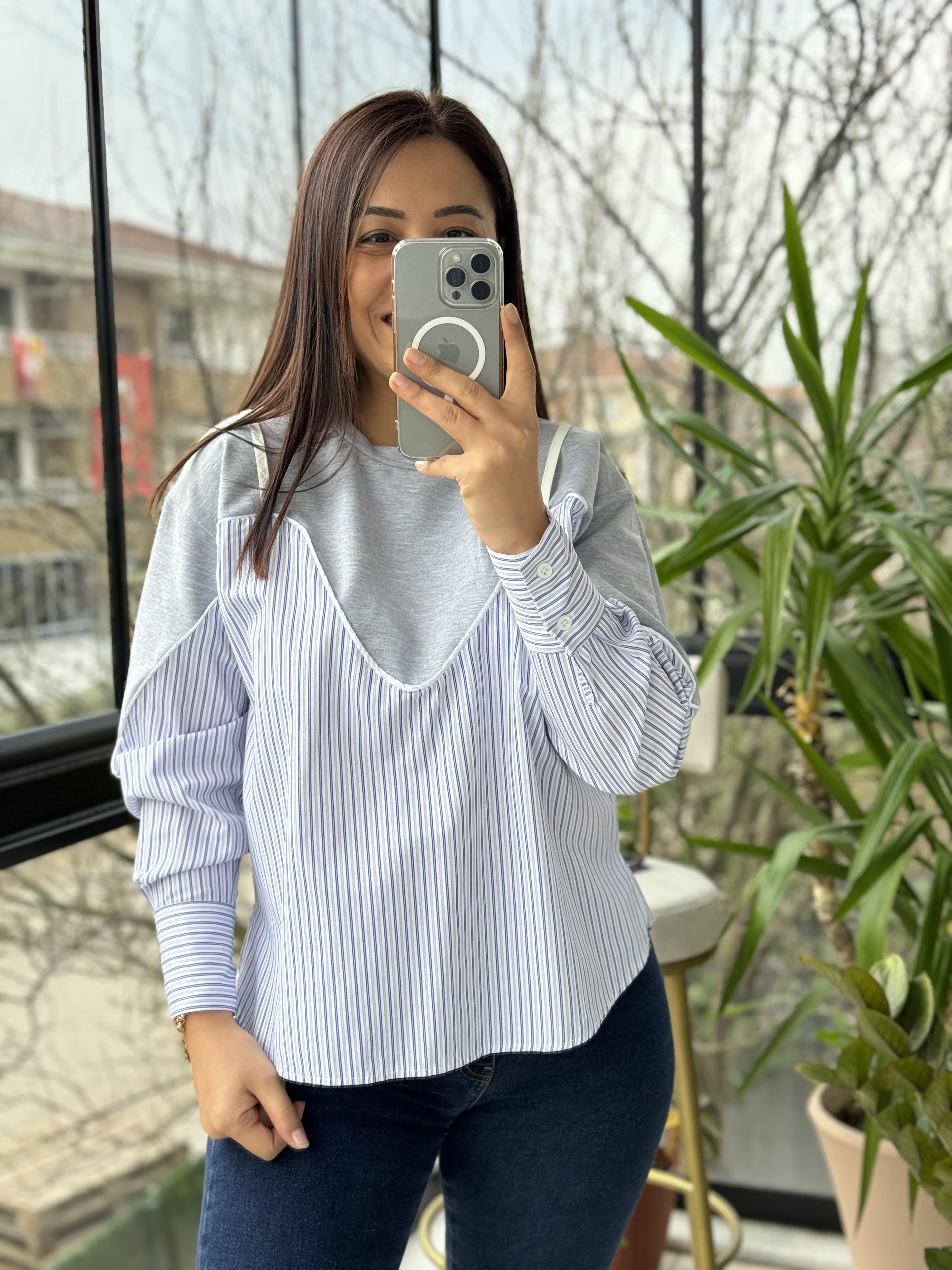 Altı Gömlekli Sweatshirt Gri
