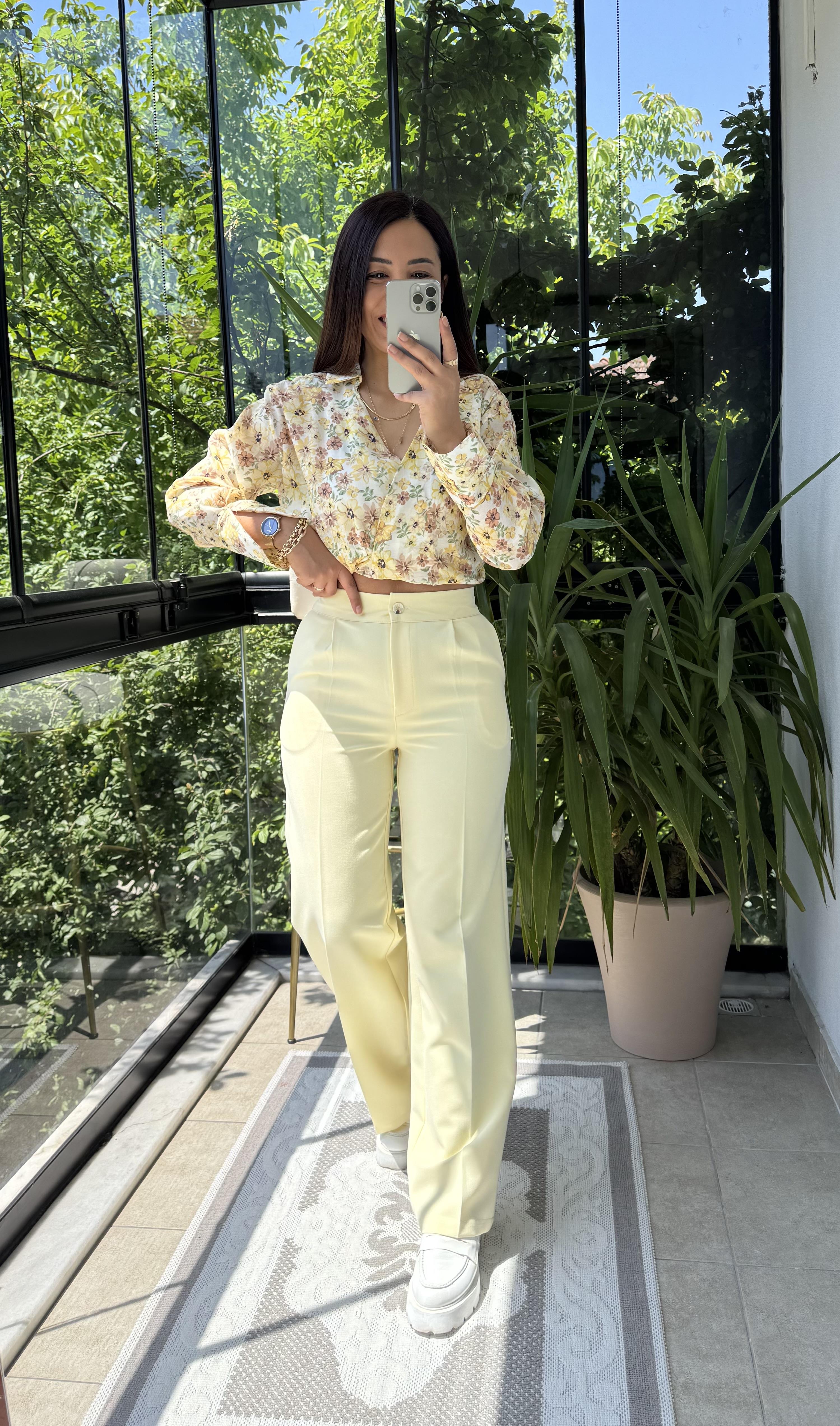 Arka Beli Lastikli Palazzo Kumaş Pantolon Sarı