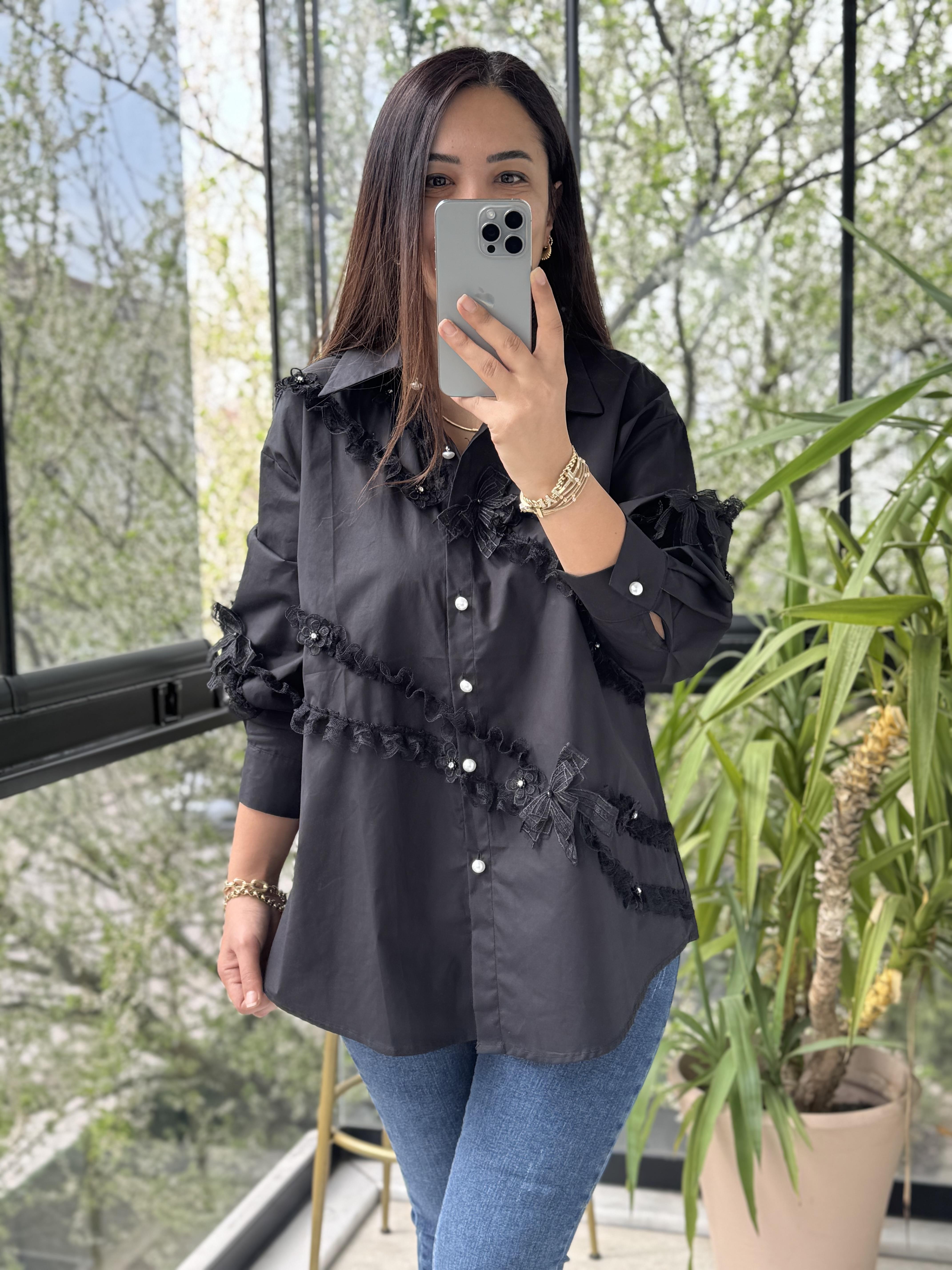 Asimetrik Güpürlü Taşlı Gömlek Siyah