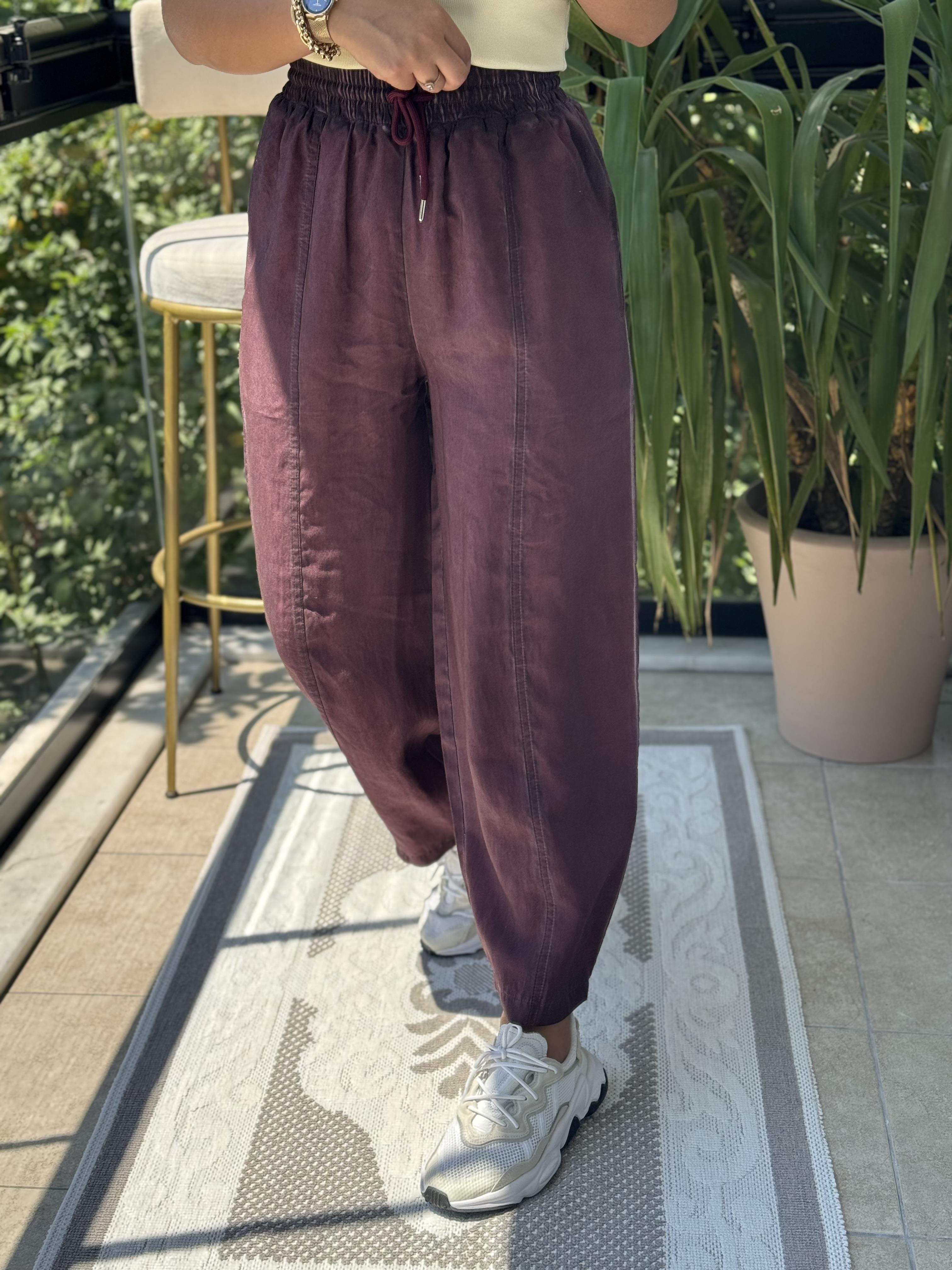 Asit Yıkamalı Bagi Pantolon Mürdüm