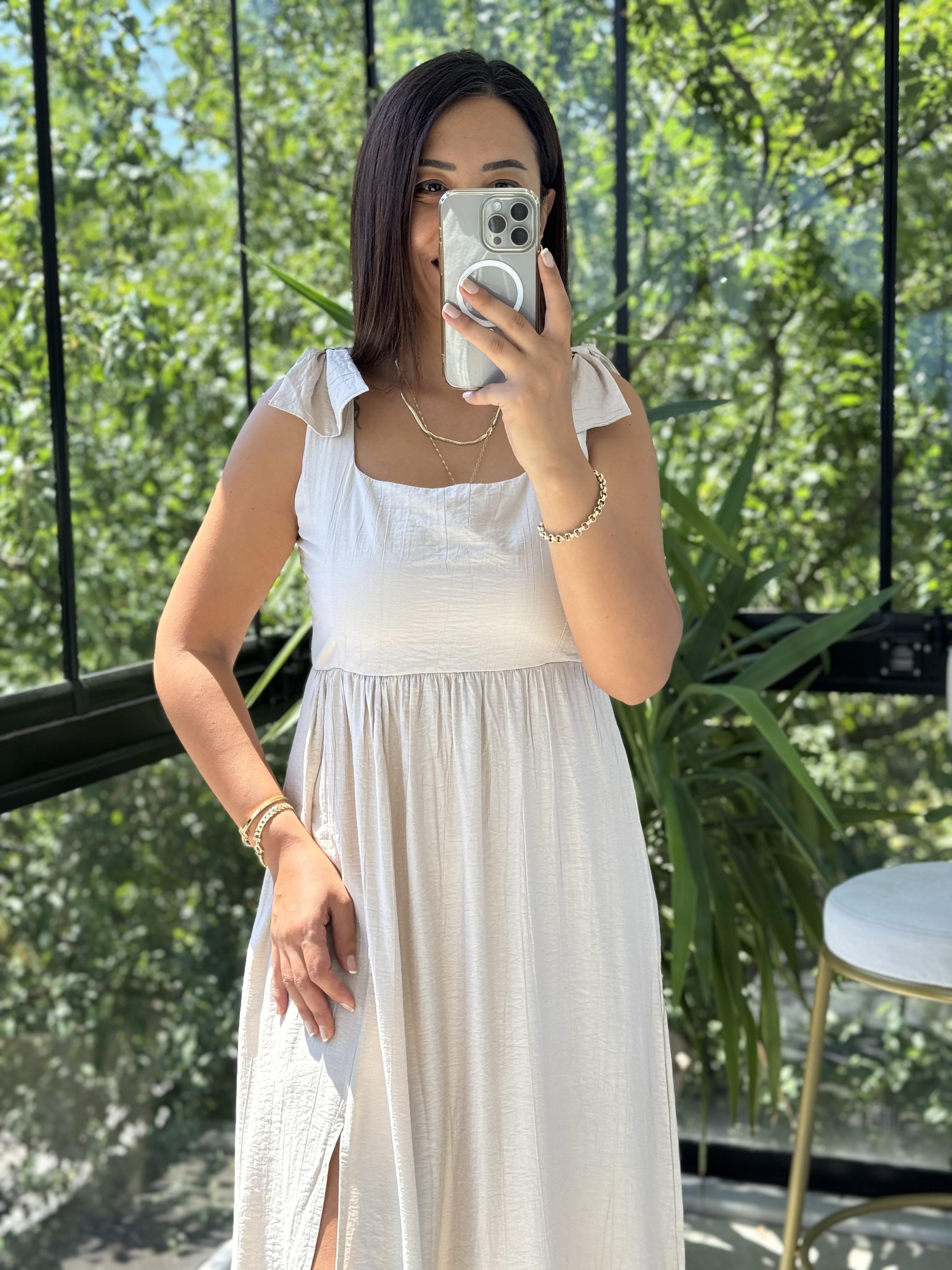 Askı Kurdele Detay Elbise Bej