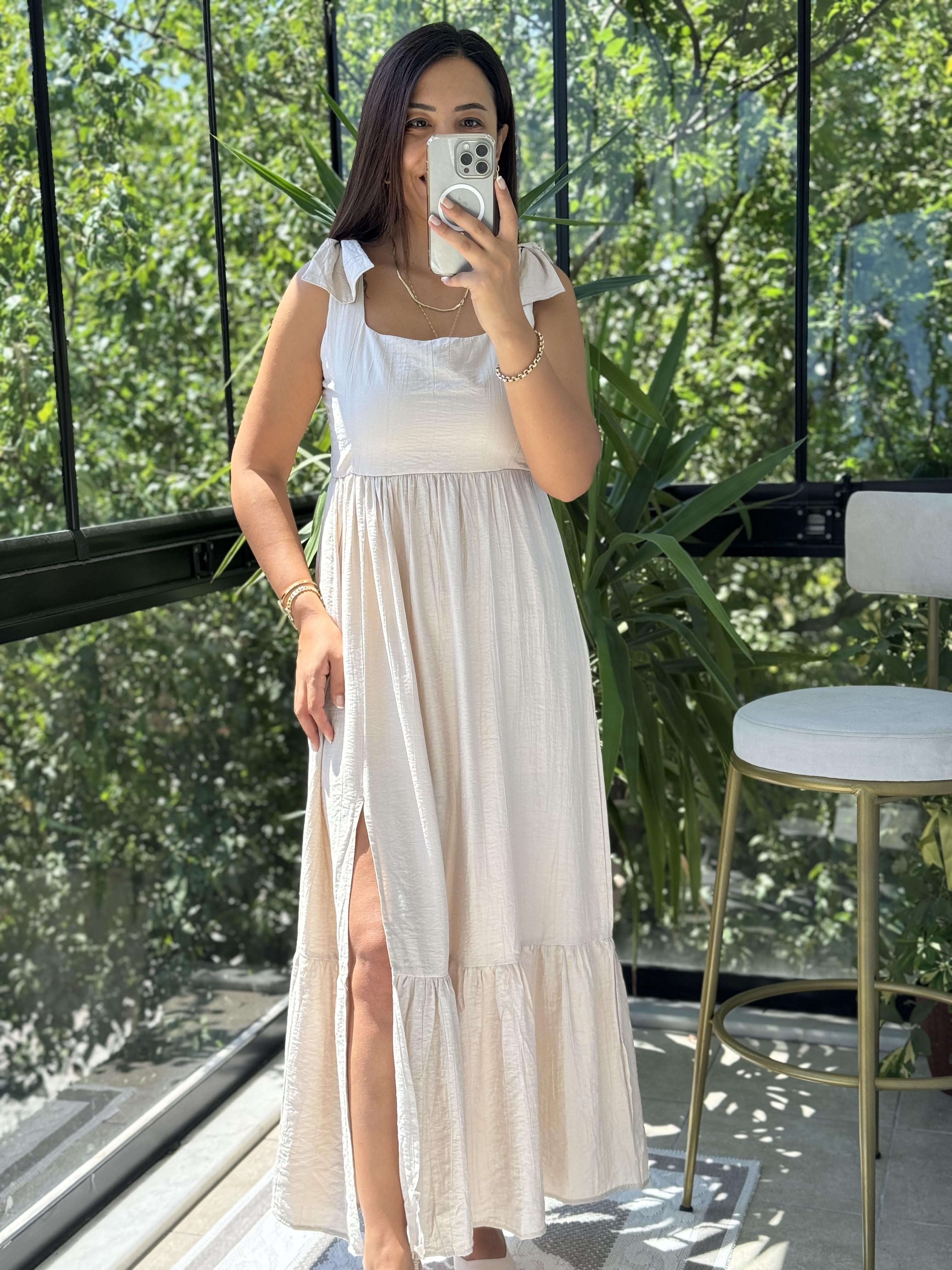 Askı Kurdele Detay Elbise Bej