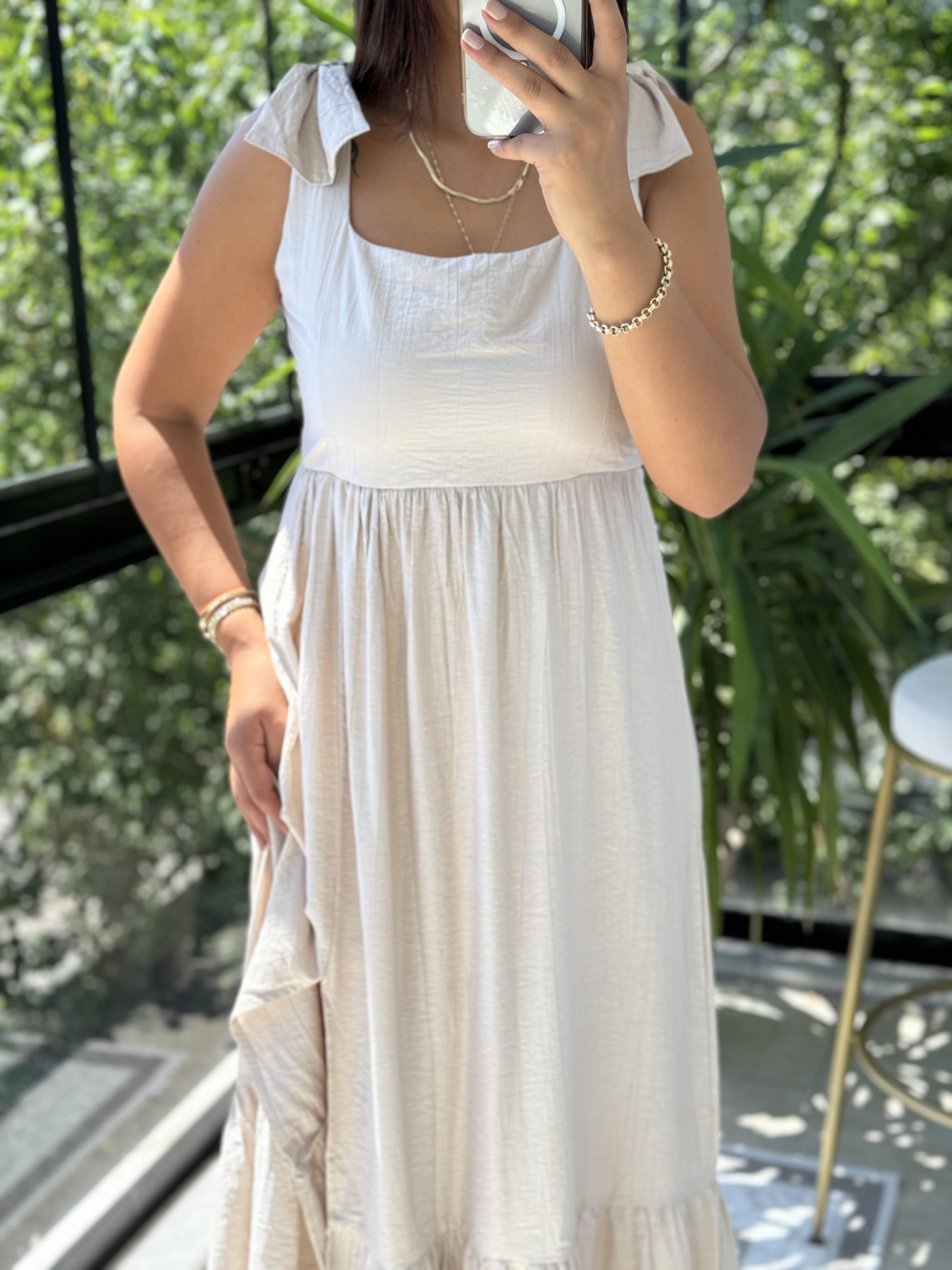 Askı Kurdele Detay Elbise Bej