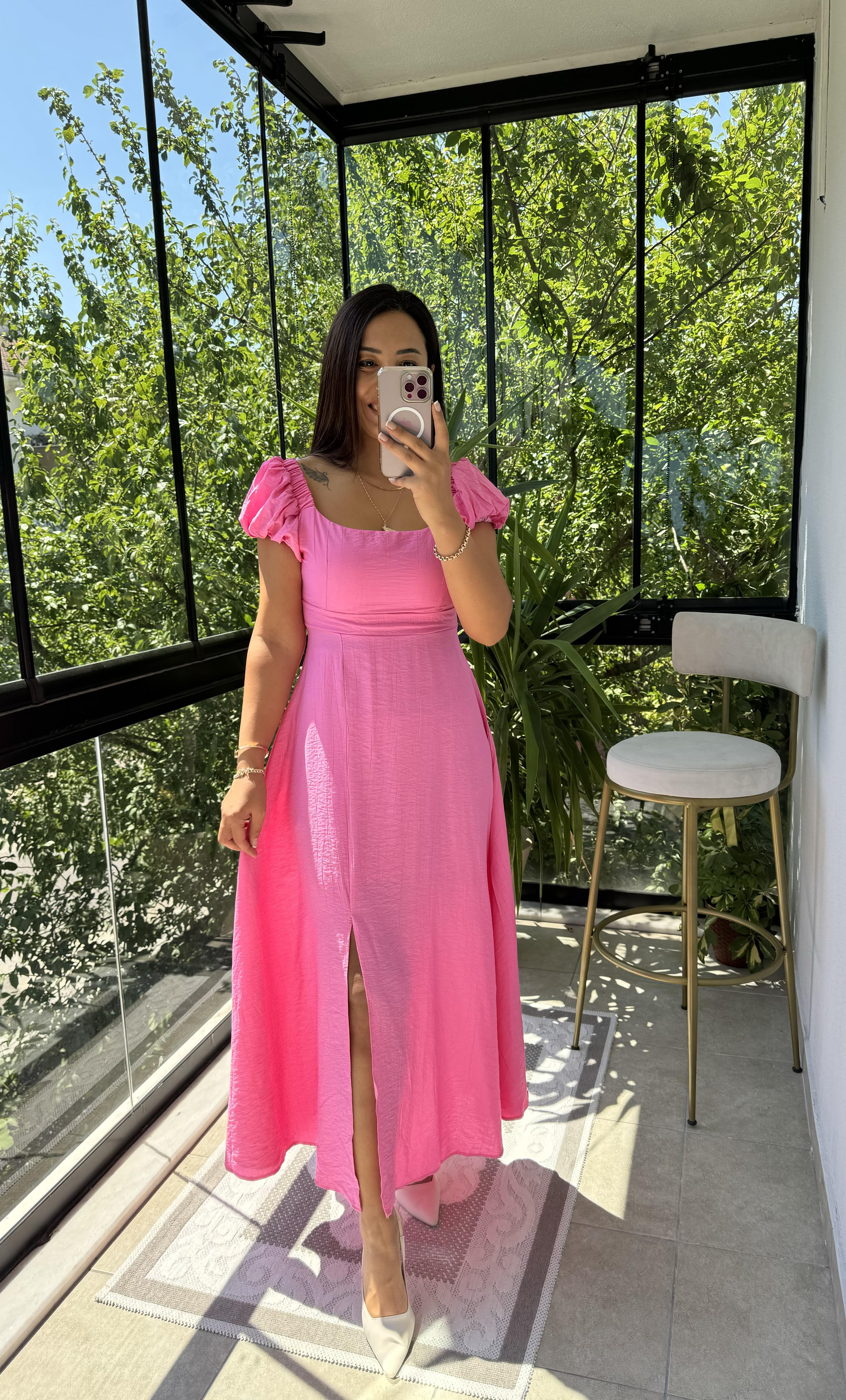 Askı Kurdele Detay Elbise Pembe