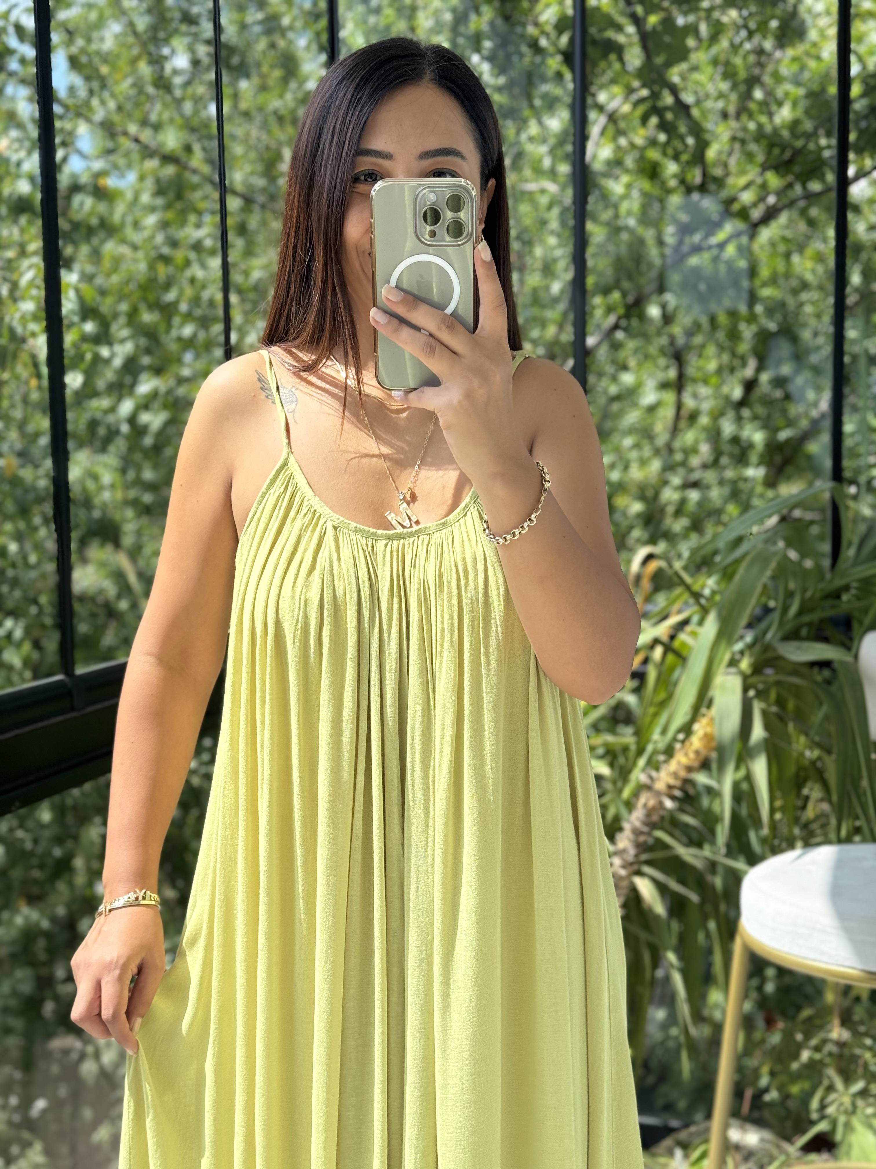 Askılı Keten Elbise Kivi Yeşili