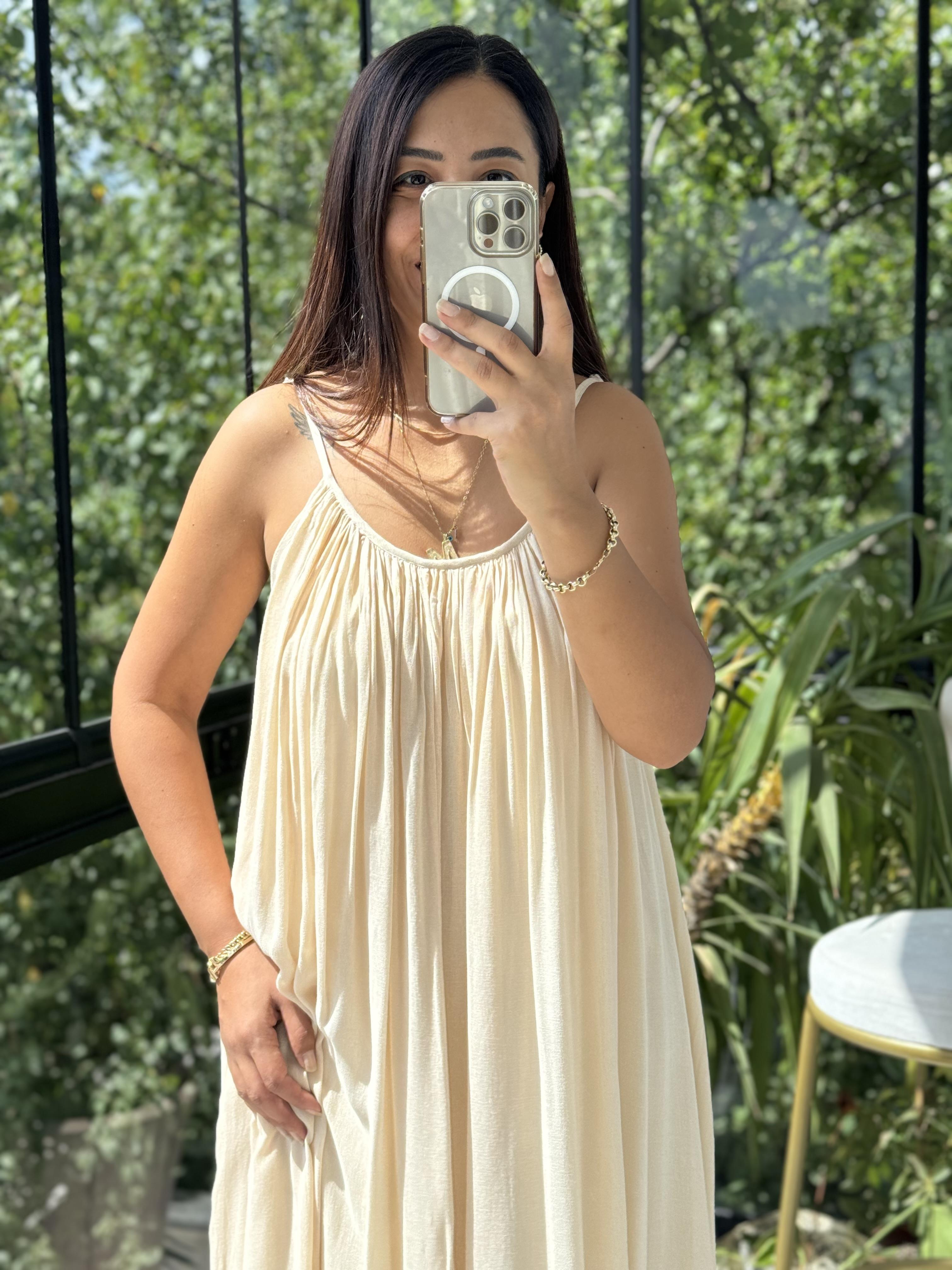 Askılı Keten Elbise Taş