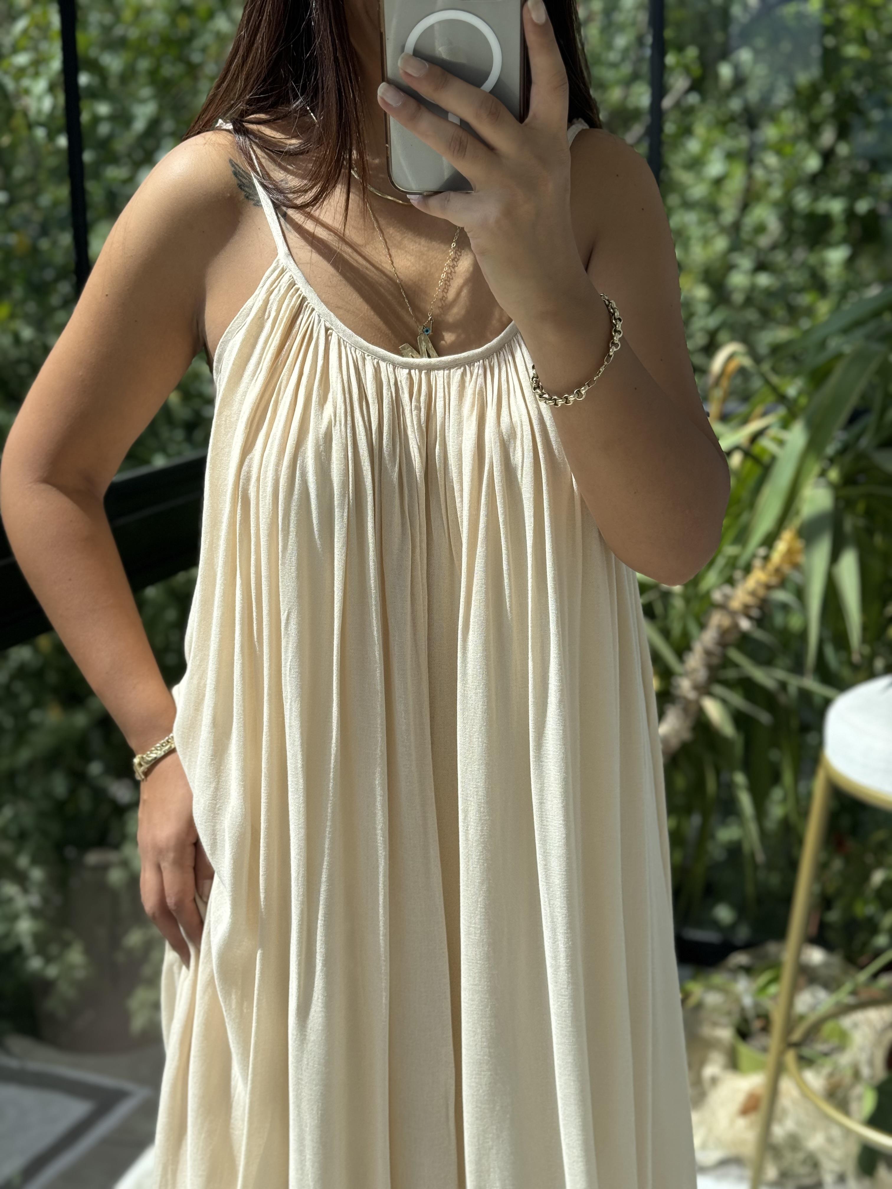 Askılı Keten Elbise Taş