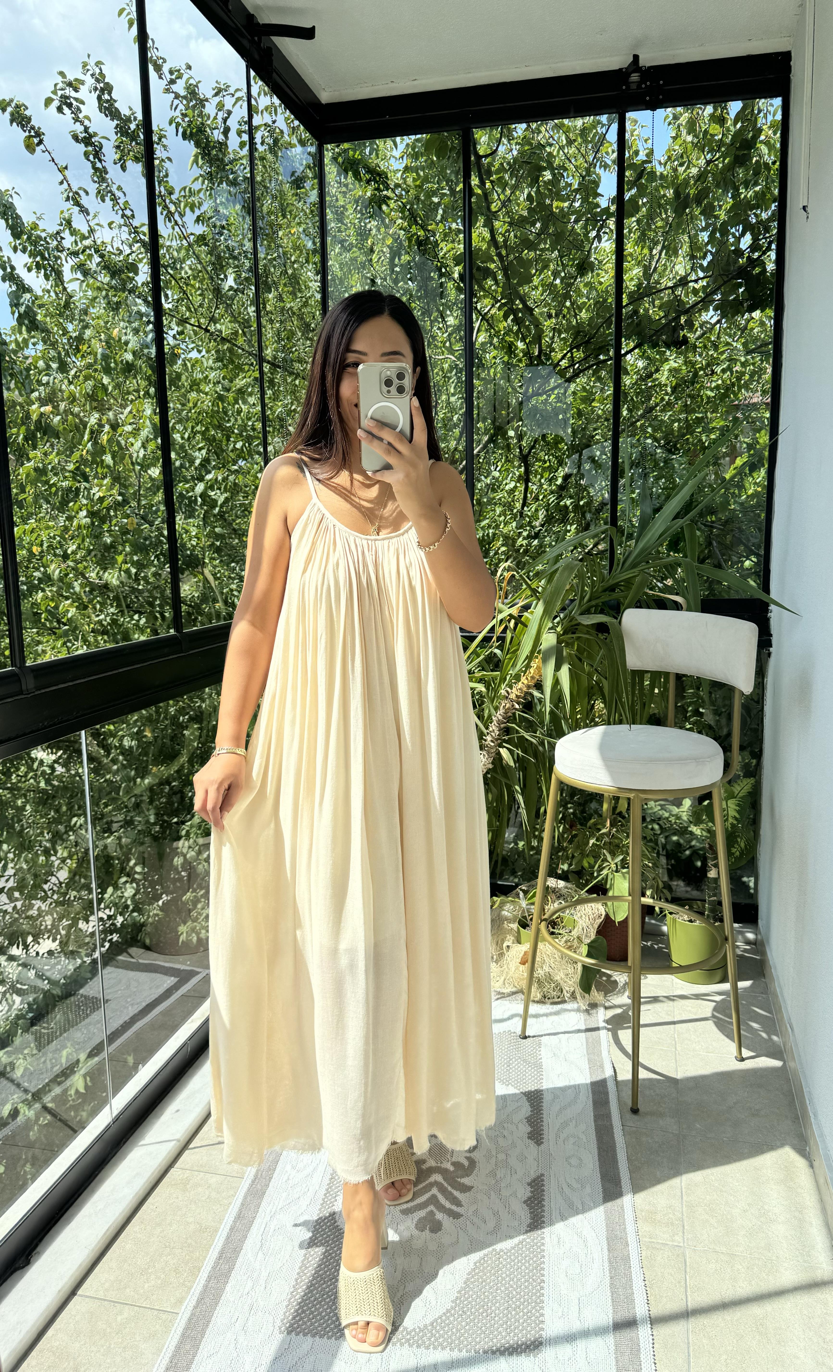 Askılı Keten Elbise Taş