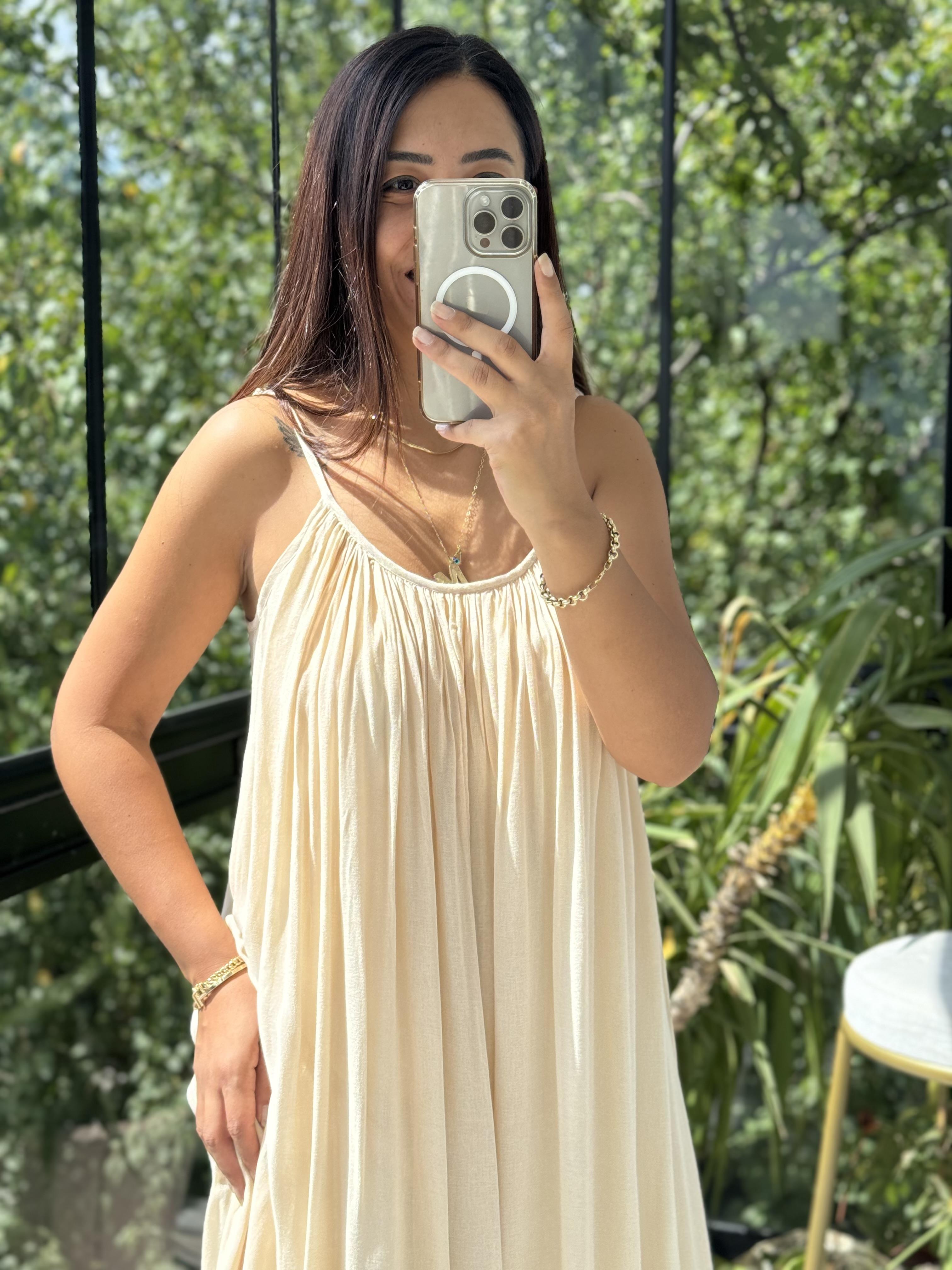 Askılı Keten Elbise Taş