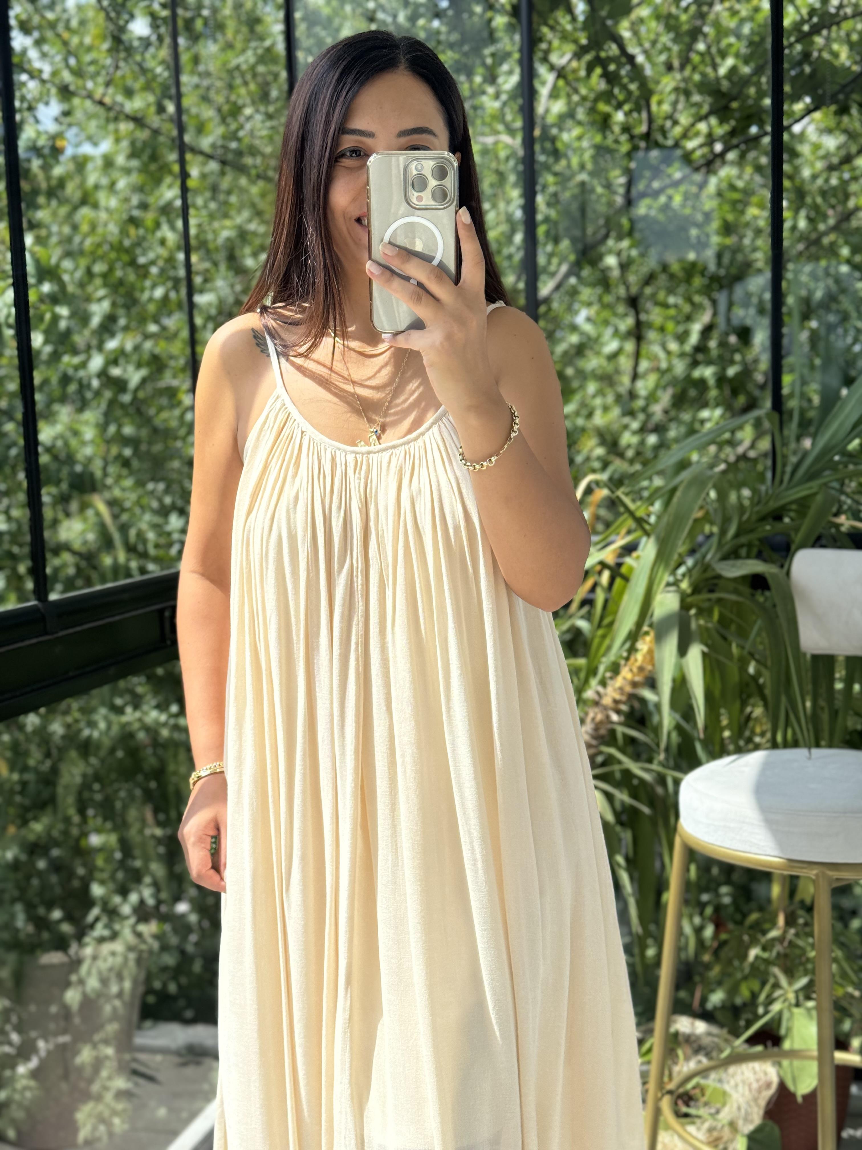 Askılı Keten Elbise Taş