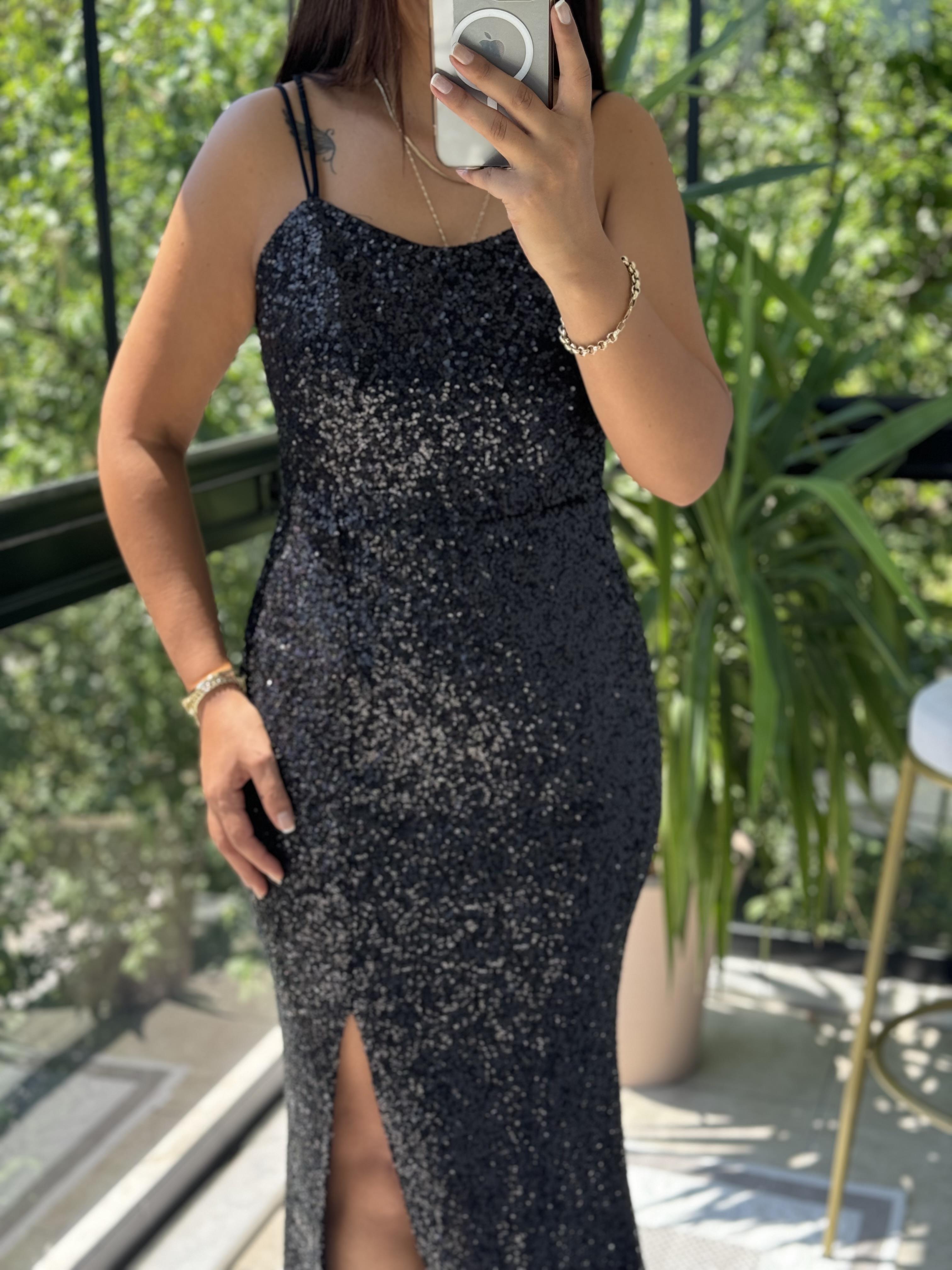 Askılı Yırtmaçlı Uzun Pul Abiye Siyah