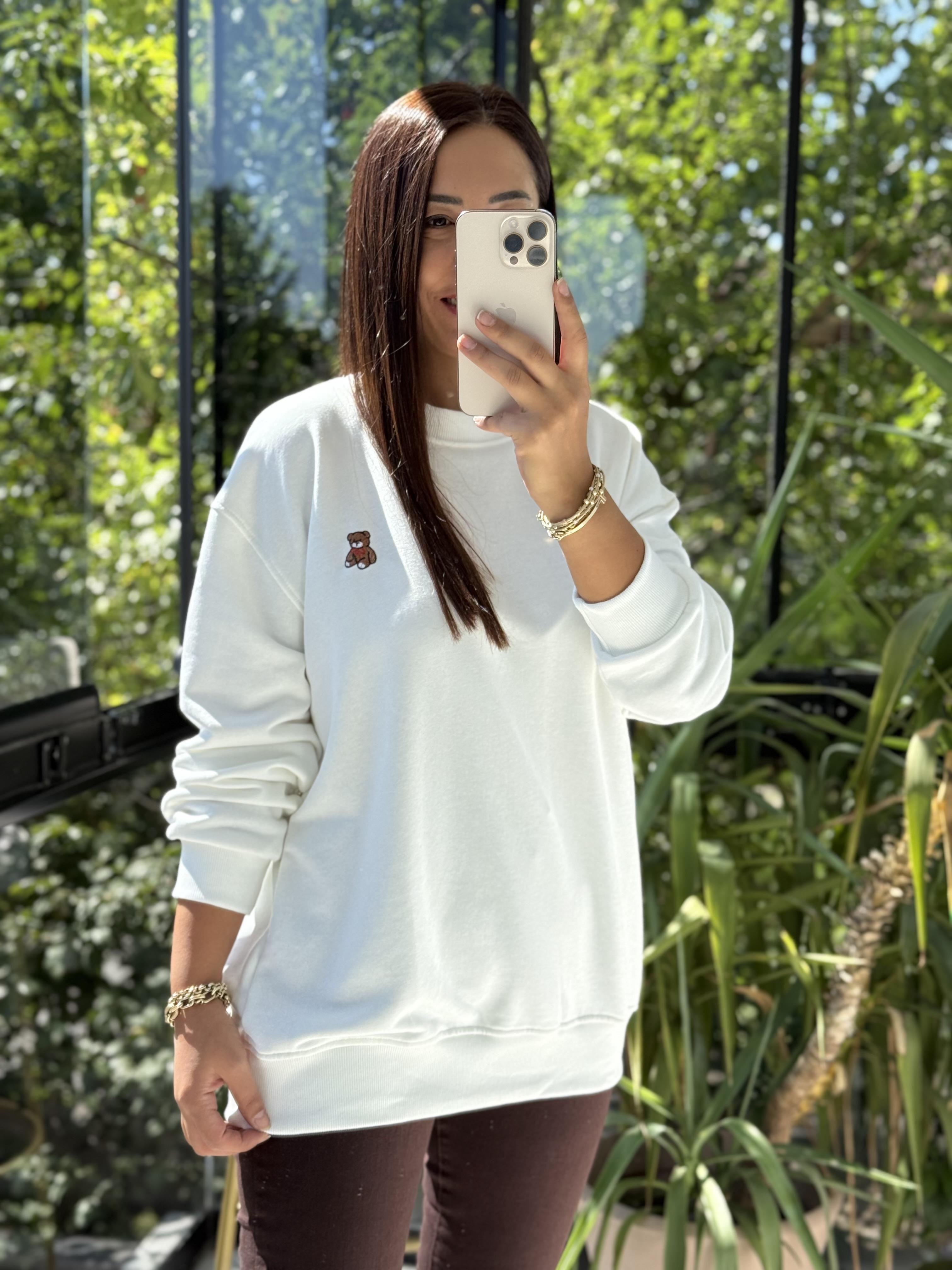 Ayıcık Nakışlı Basic Sweatshirt Beyaz