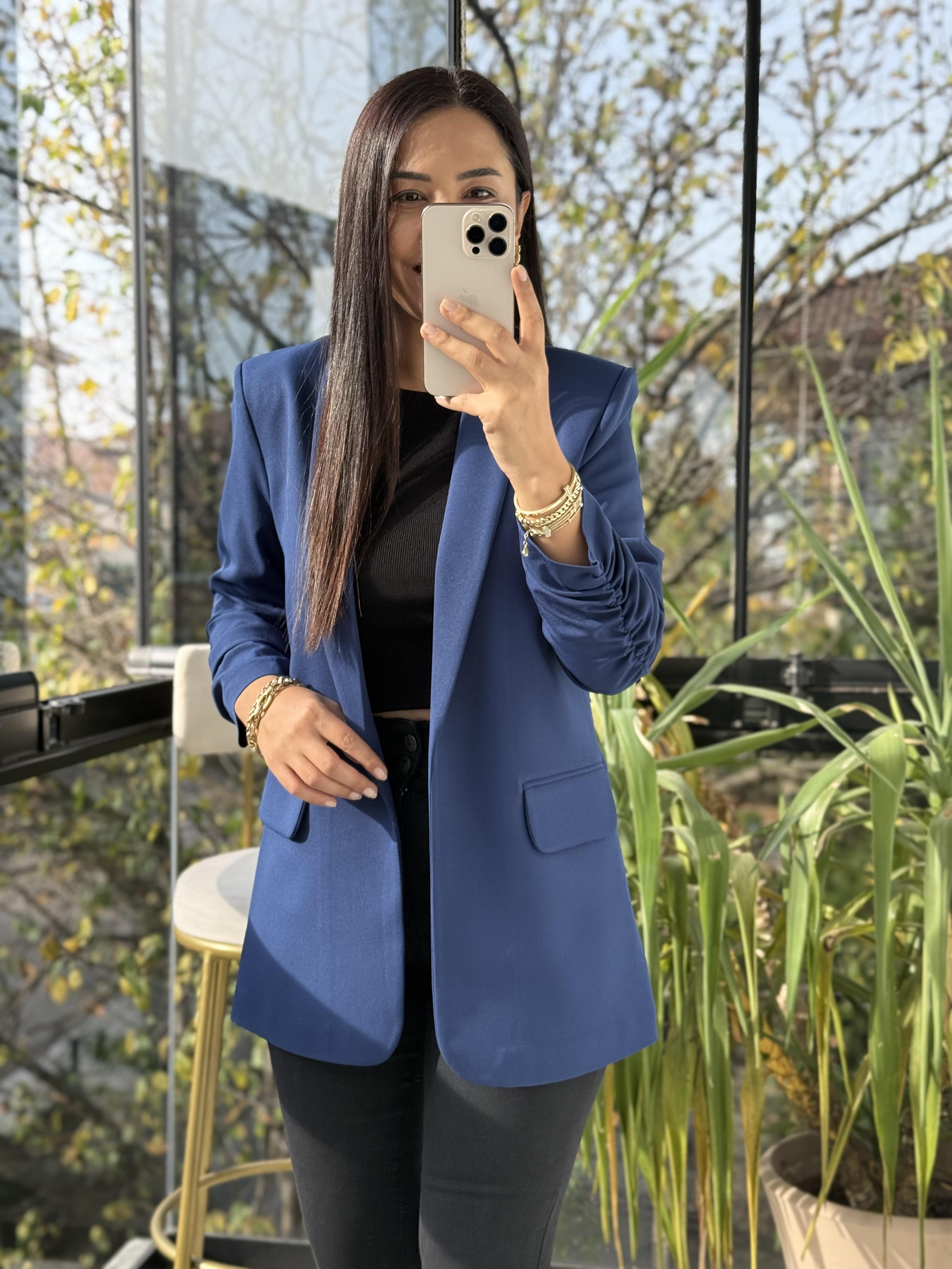 Kolu Büzgülü Blazer Ceket İndigo Mavi