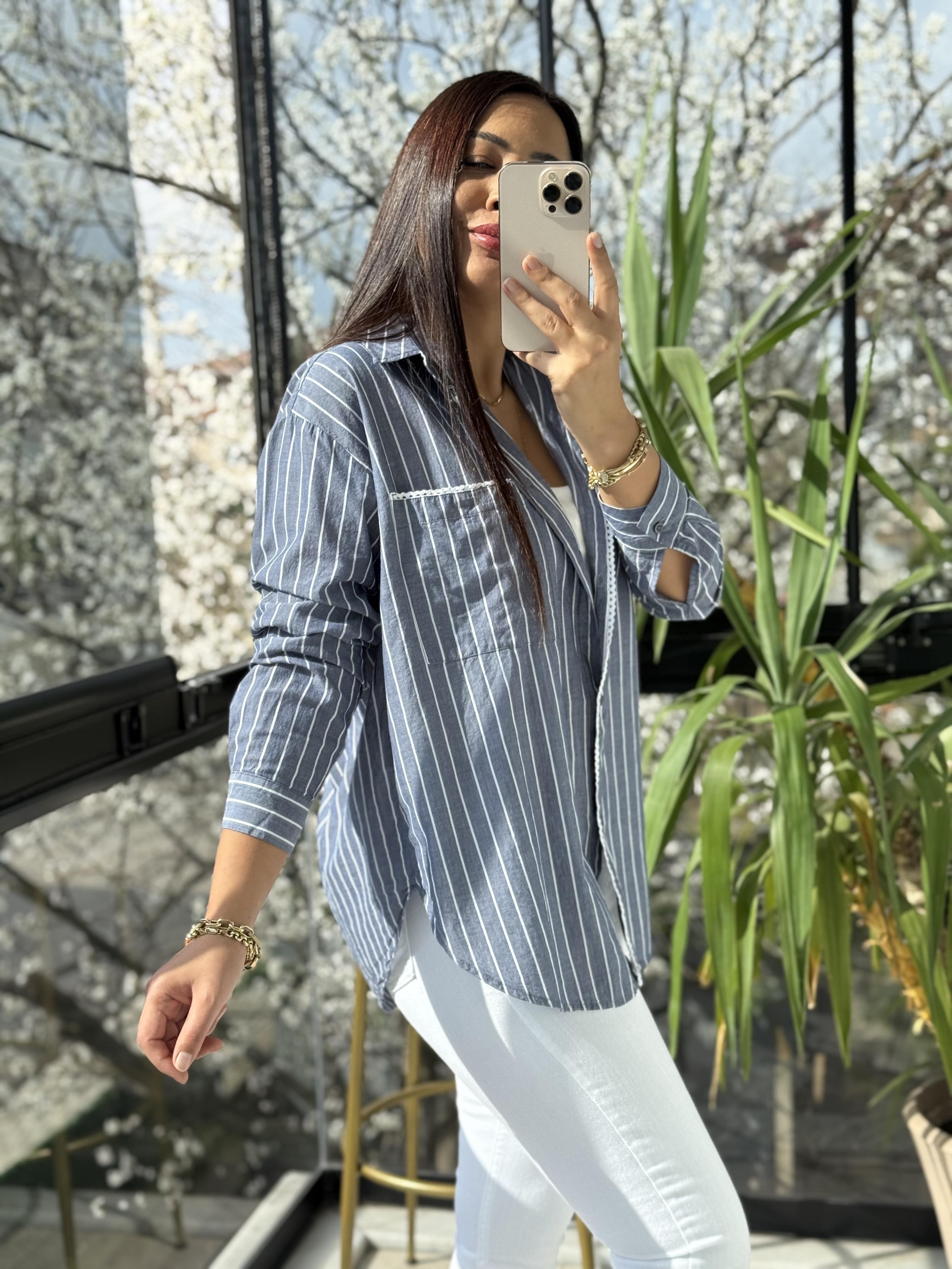 Motif Çizgili Cepli Gömlek Lacivert