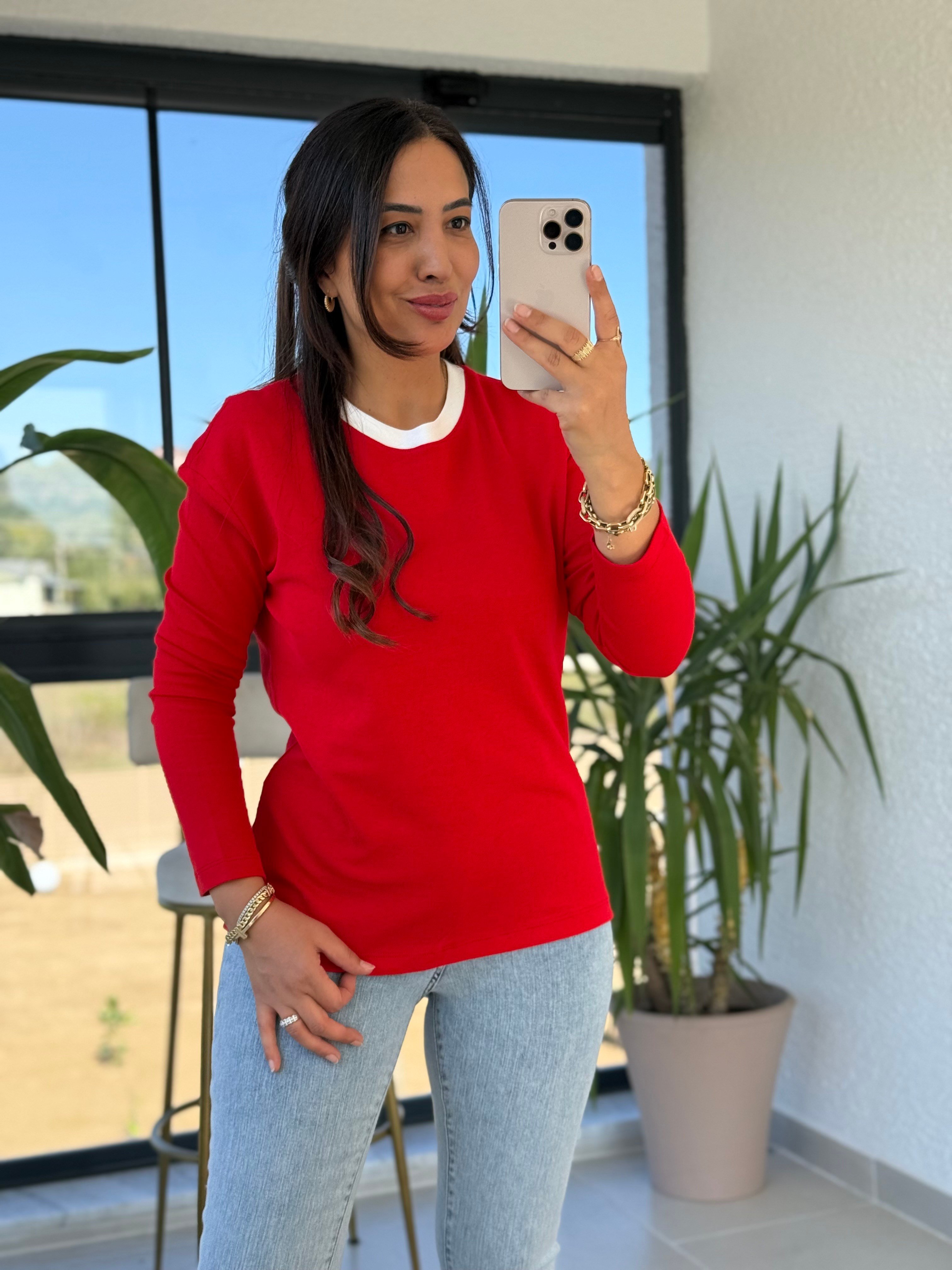 Yakası Biyeli Sweat Bluz Kırmızı