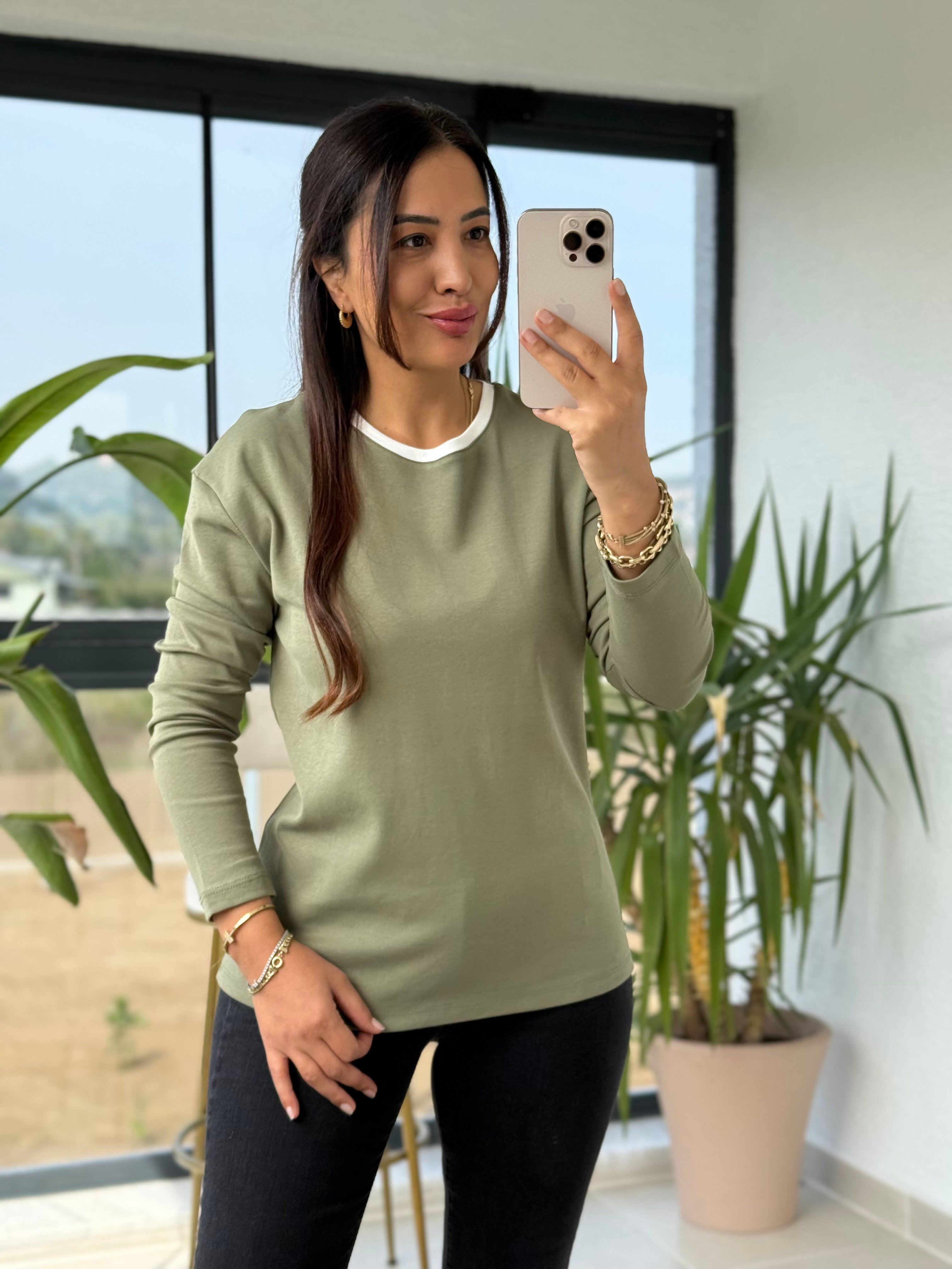 Yakası Biyeli Sweat Bluz Haki Yeşili
