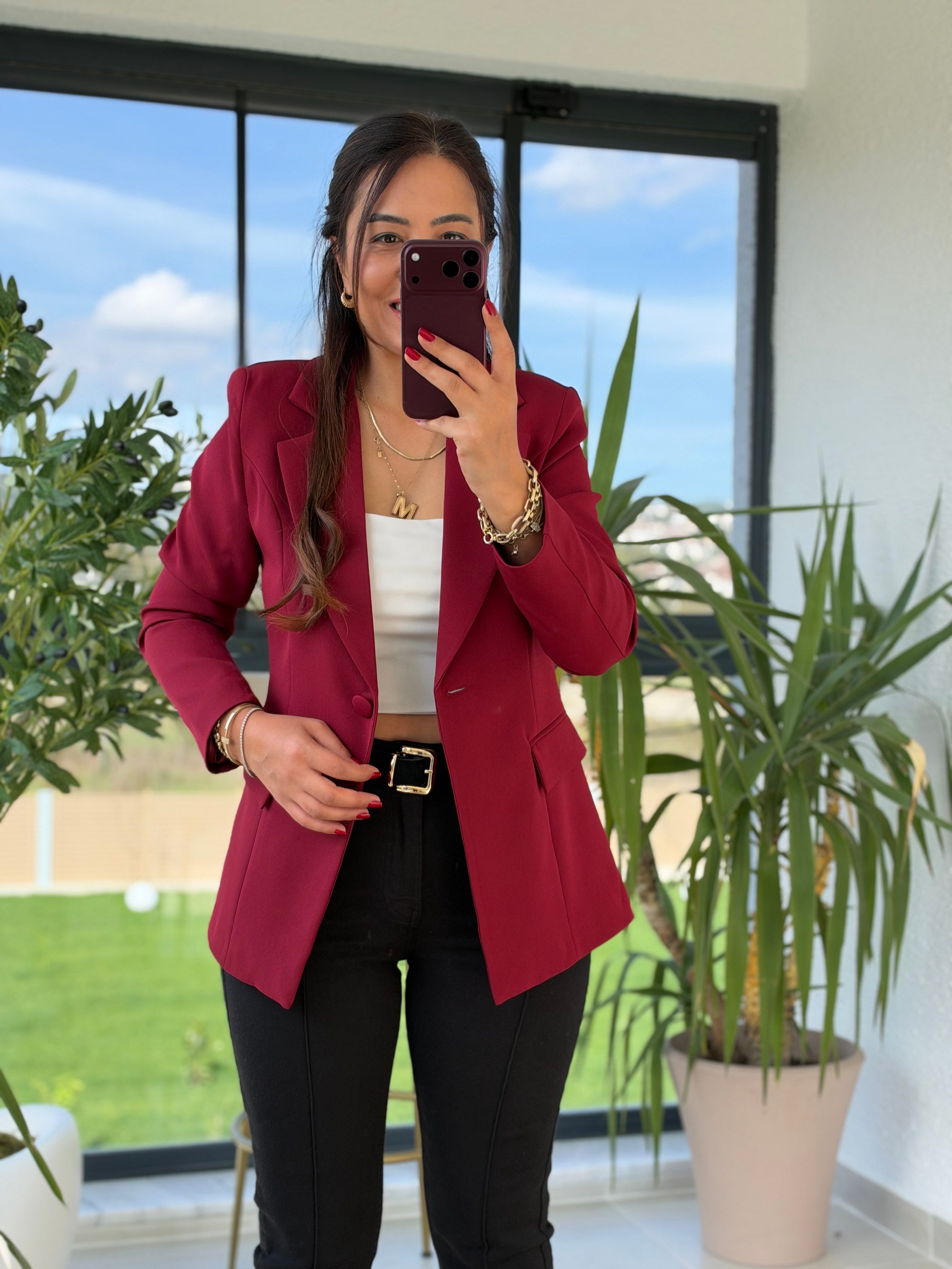 Tek Düğme Blazer Ceket Bordo