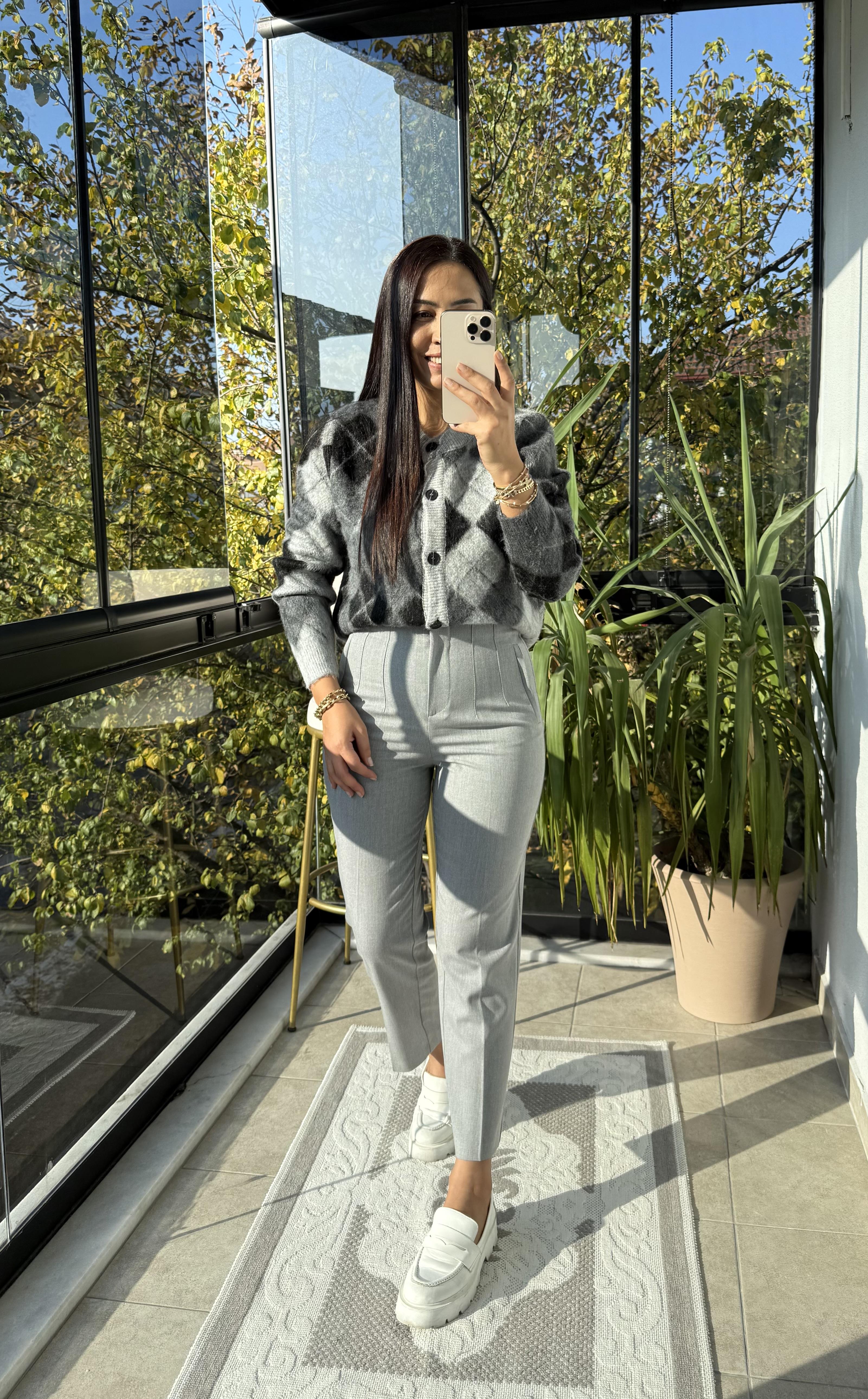 Kısa Baklava Desenli Hırka Antrasit