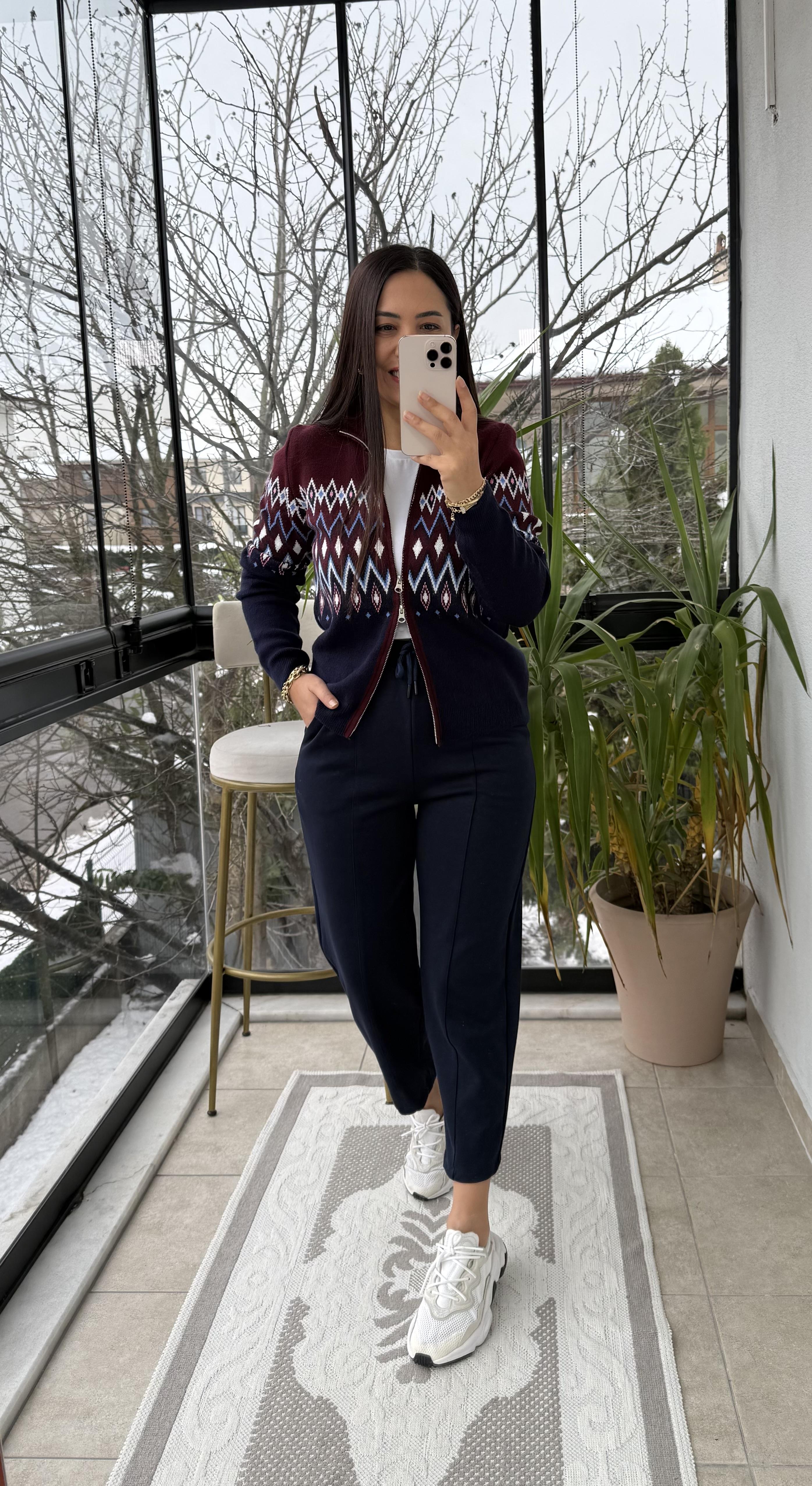 Geometrik Desenli Çift fermuarlı Hırka Lacivert
