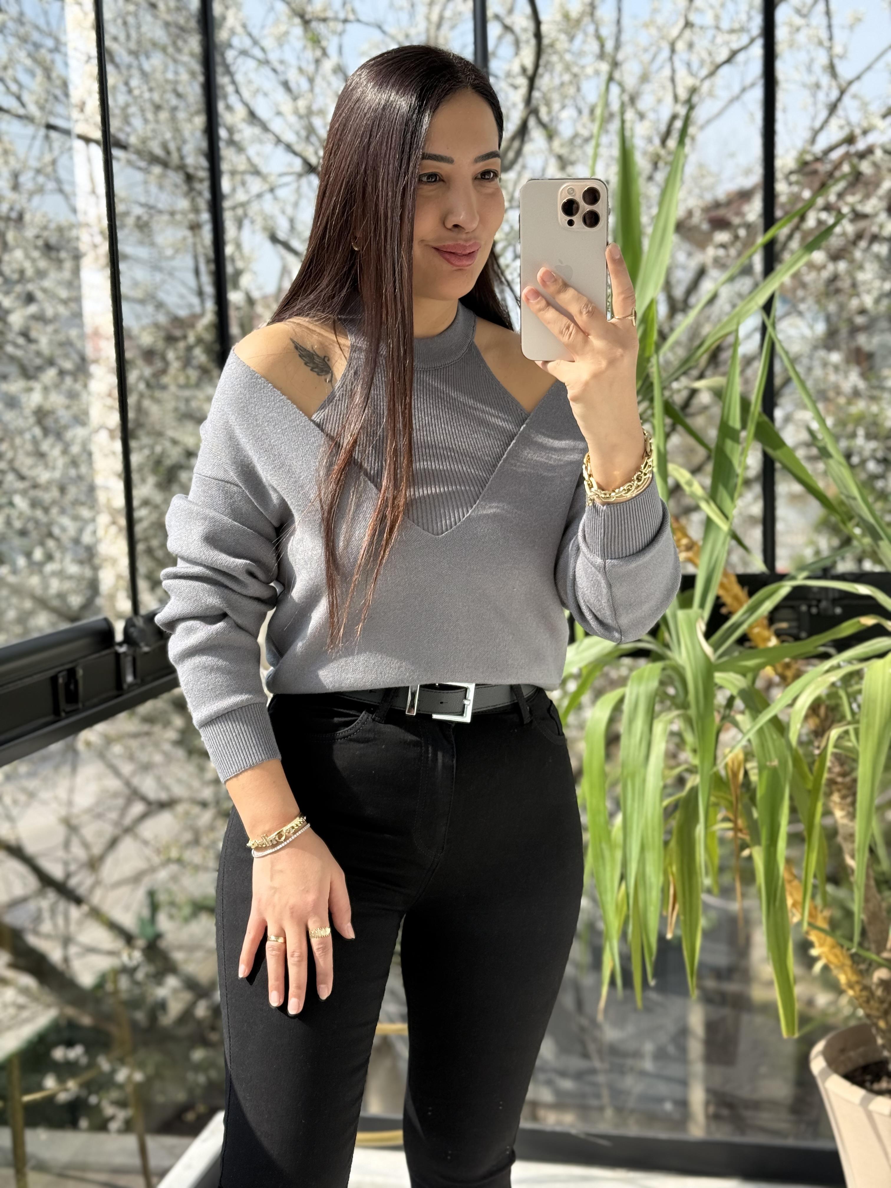 V Detay Atletli Triko Antrasit