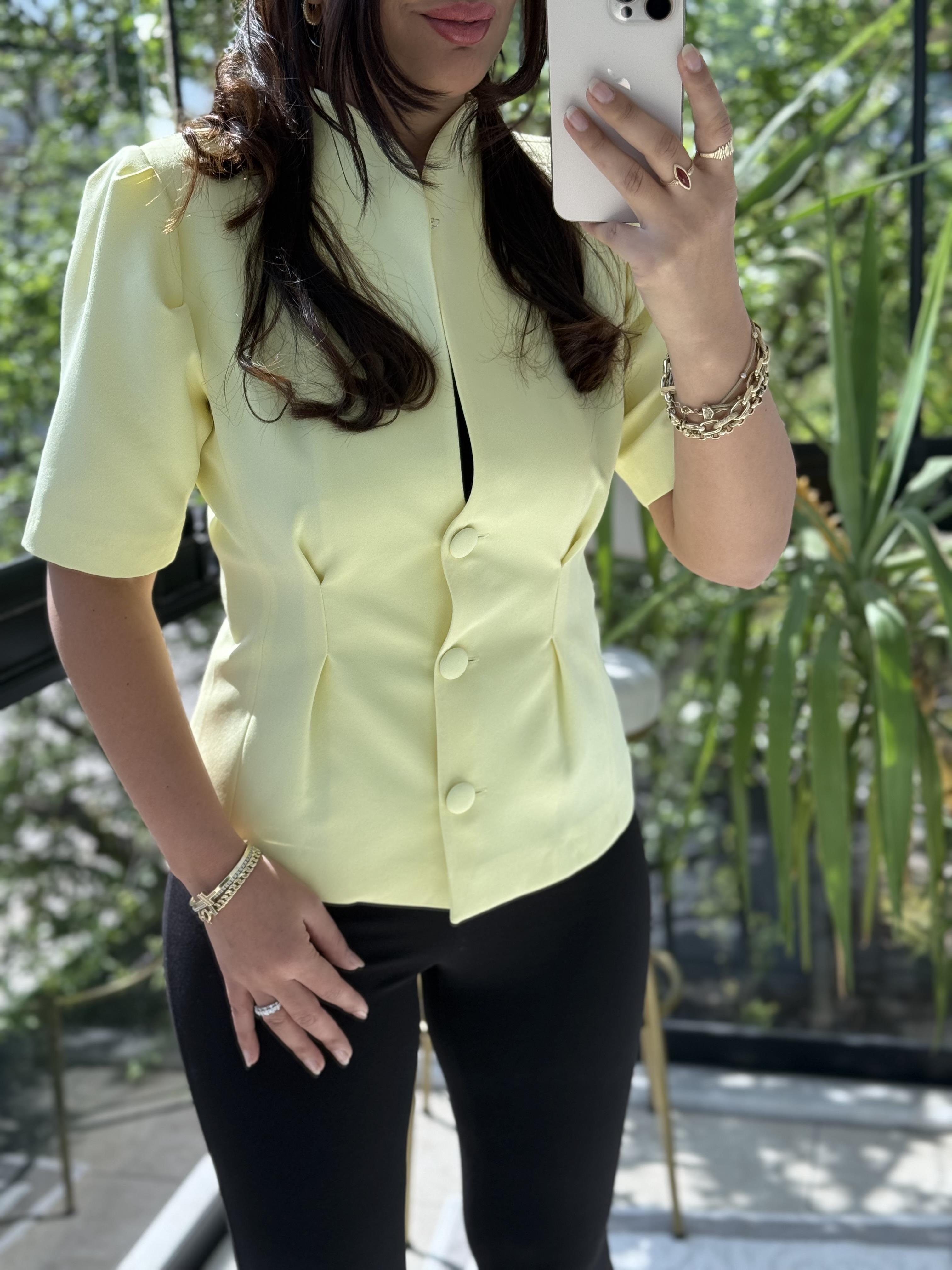 Pileli 3 Düğme Kısa Kol Ceket Sarı