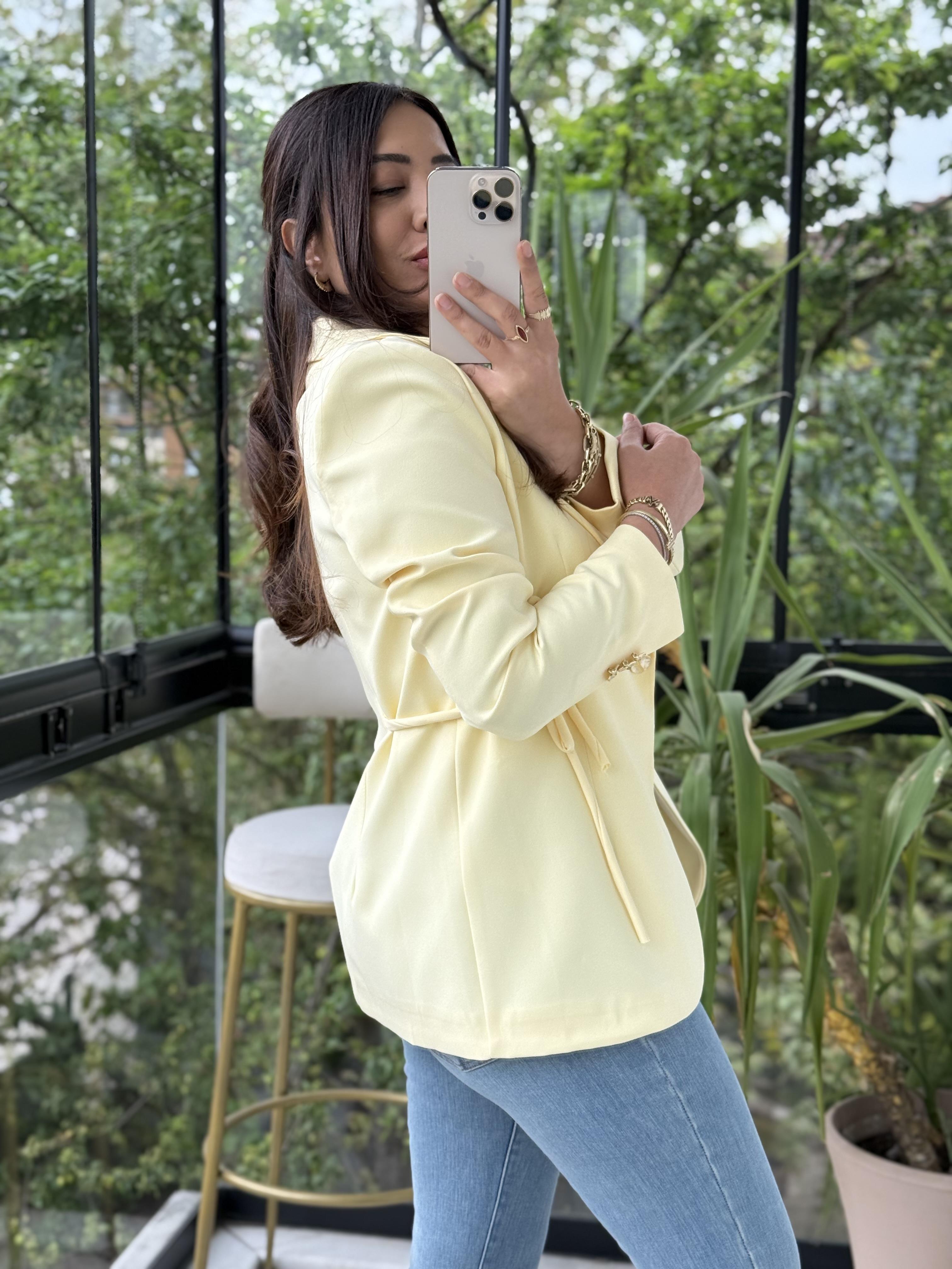 Yanı Bağcıklı Slim Blazer Ceket Sarı