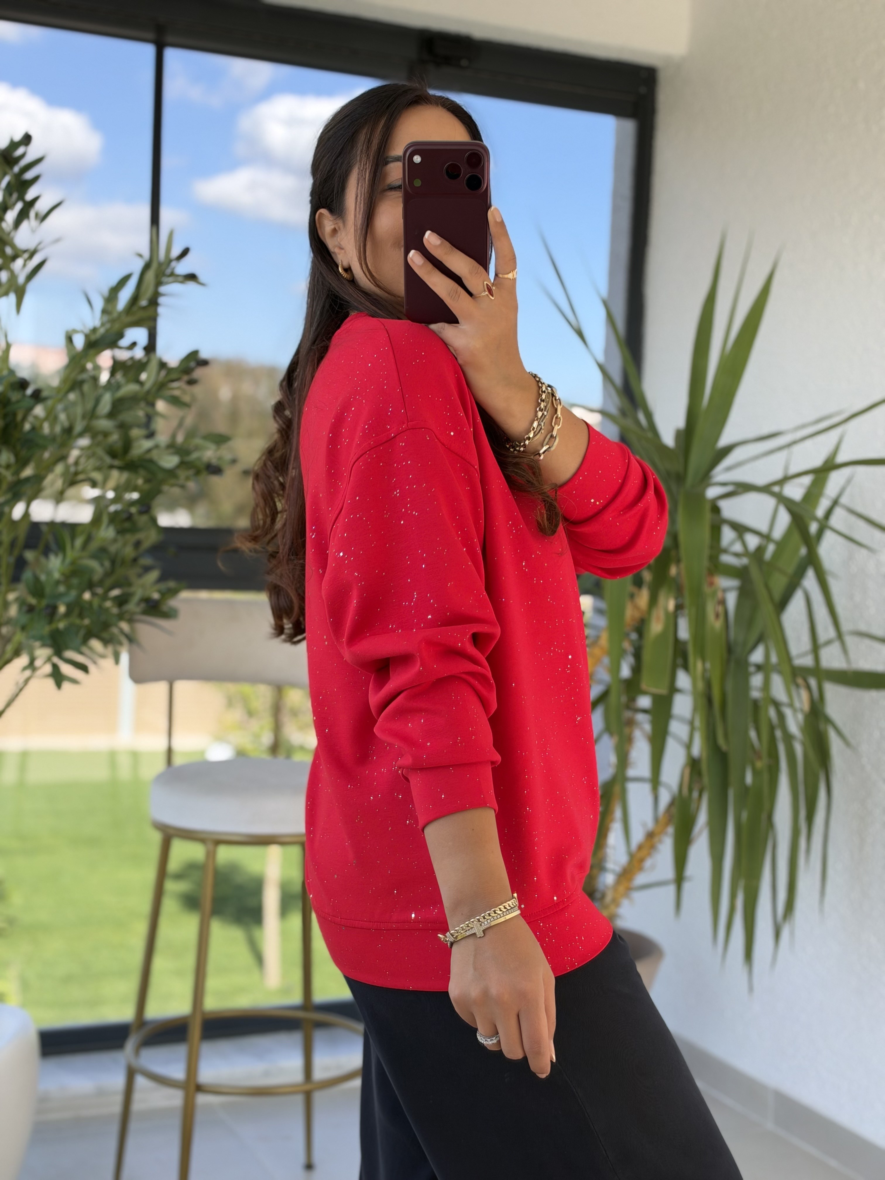 Simli Oysh Sweatshirt Kırmızı