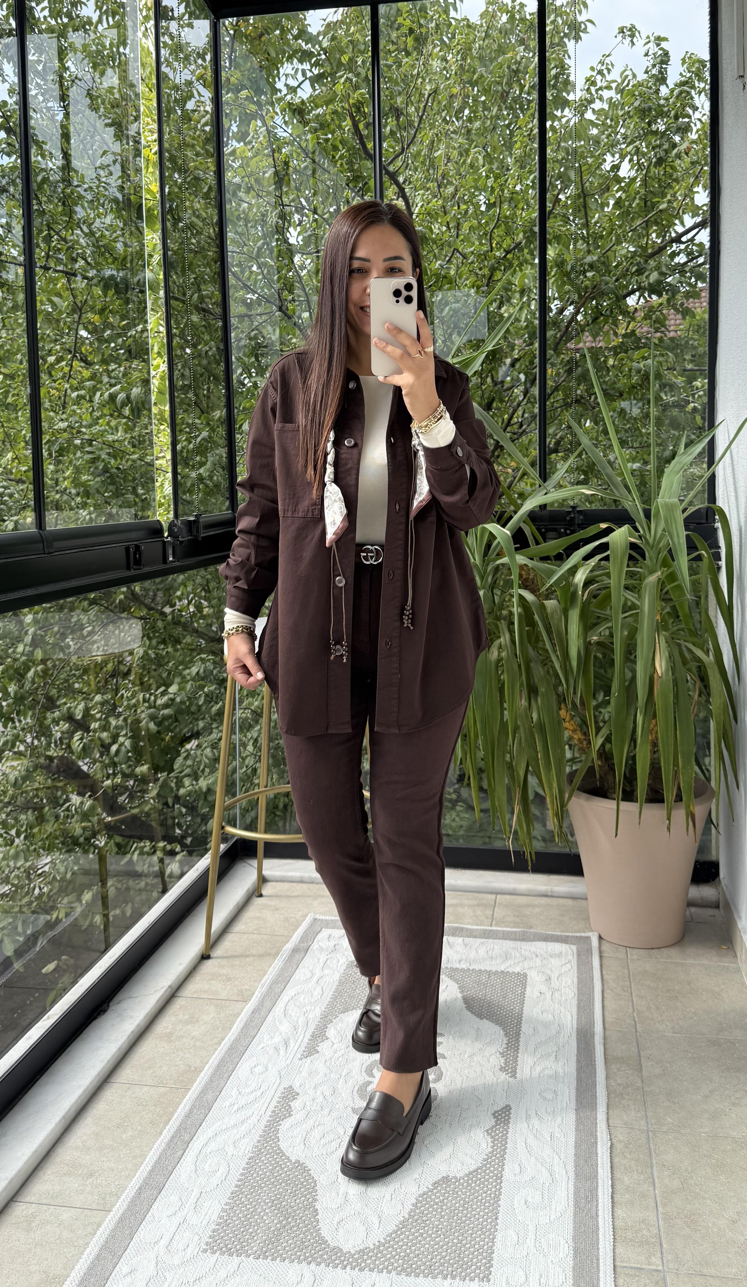 Düğmeli Oversize Gömlek Kahve