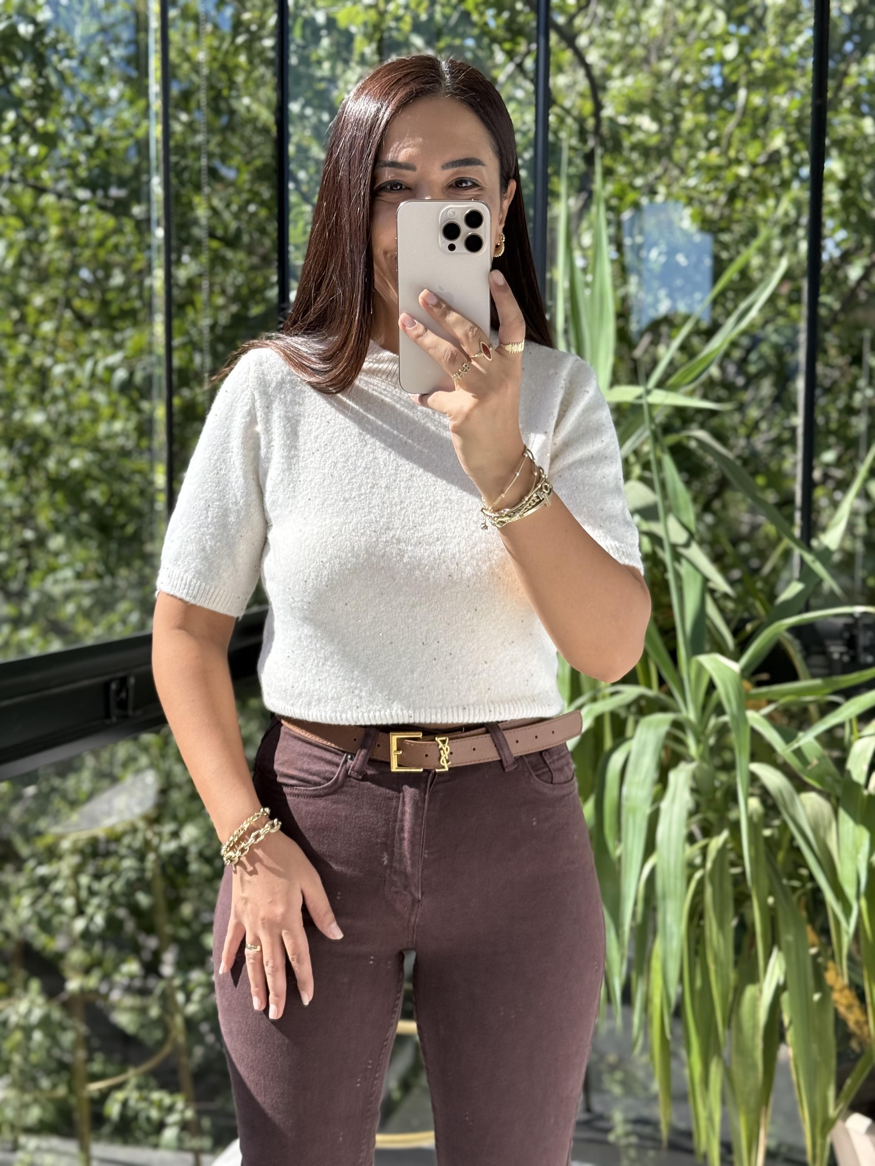 Bisiklet Yaka Pullu Simli Triko Kazak Krem