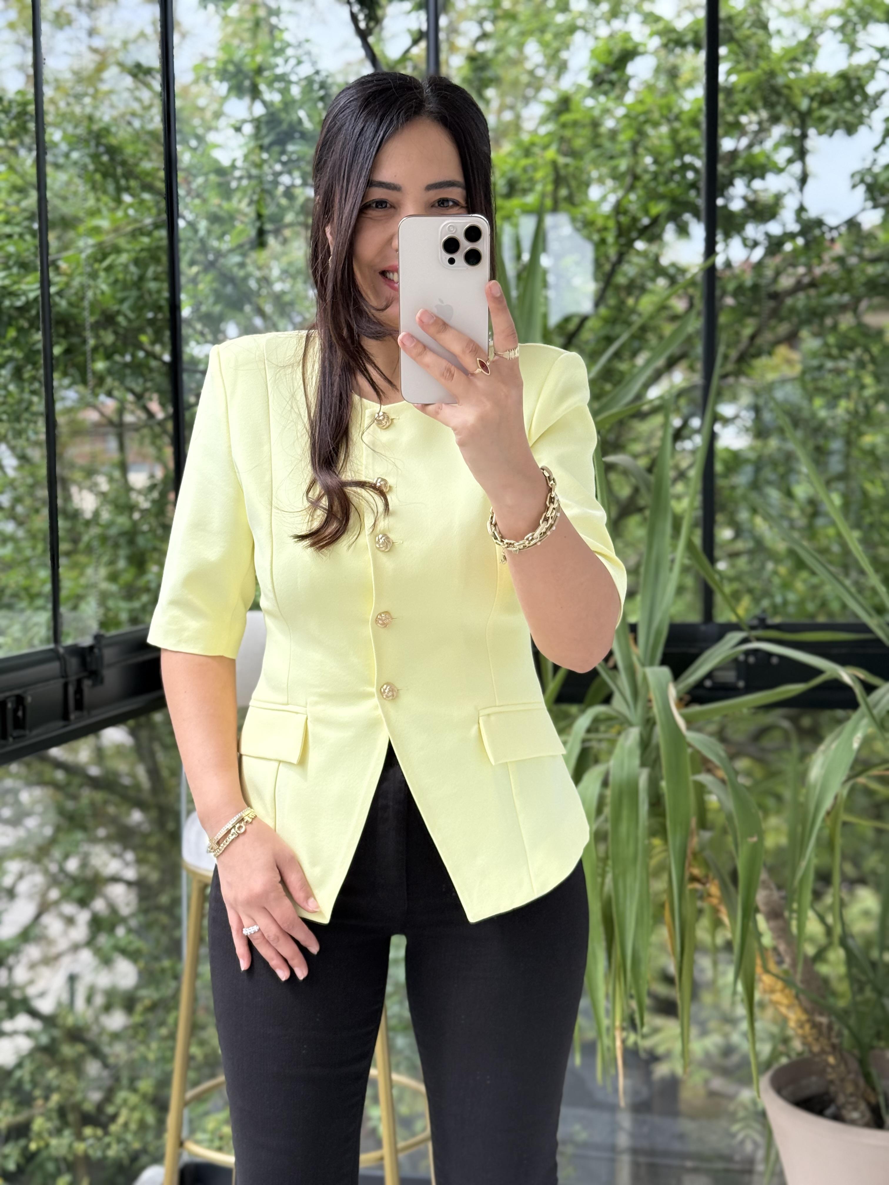 Slimfit Mini Gold Düğme Kısa Kol Blazer Sarı
