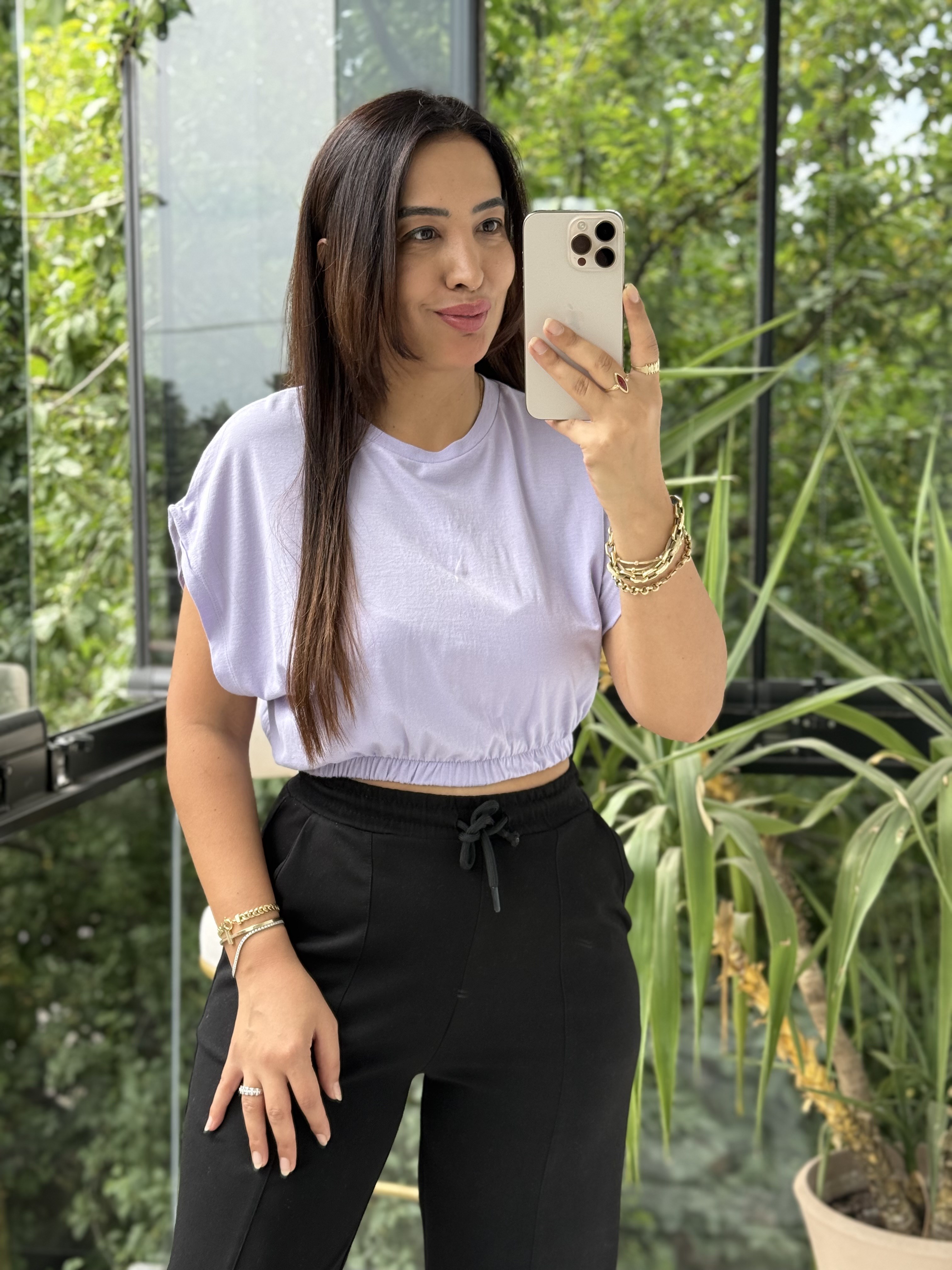 Beli Lastikli Crop Tişört Lila