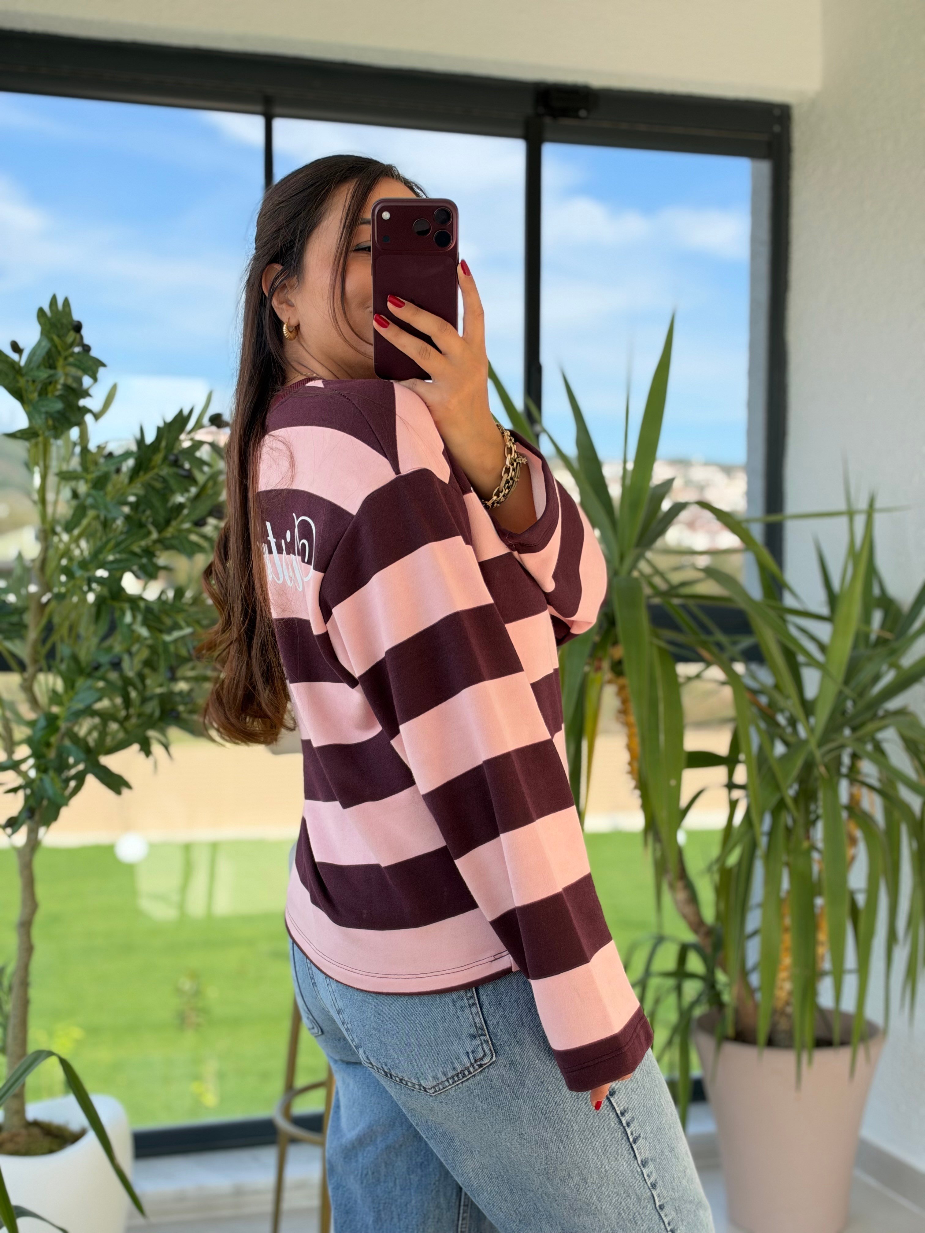 District Yazılı Çizgili Sweatshirtt Pembe