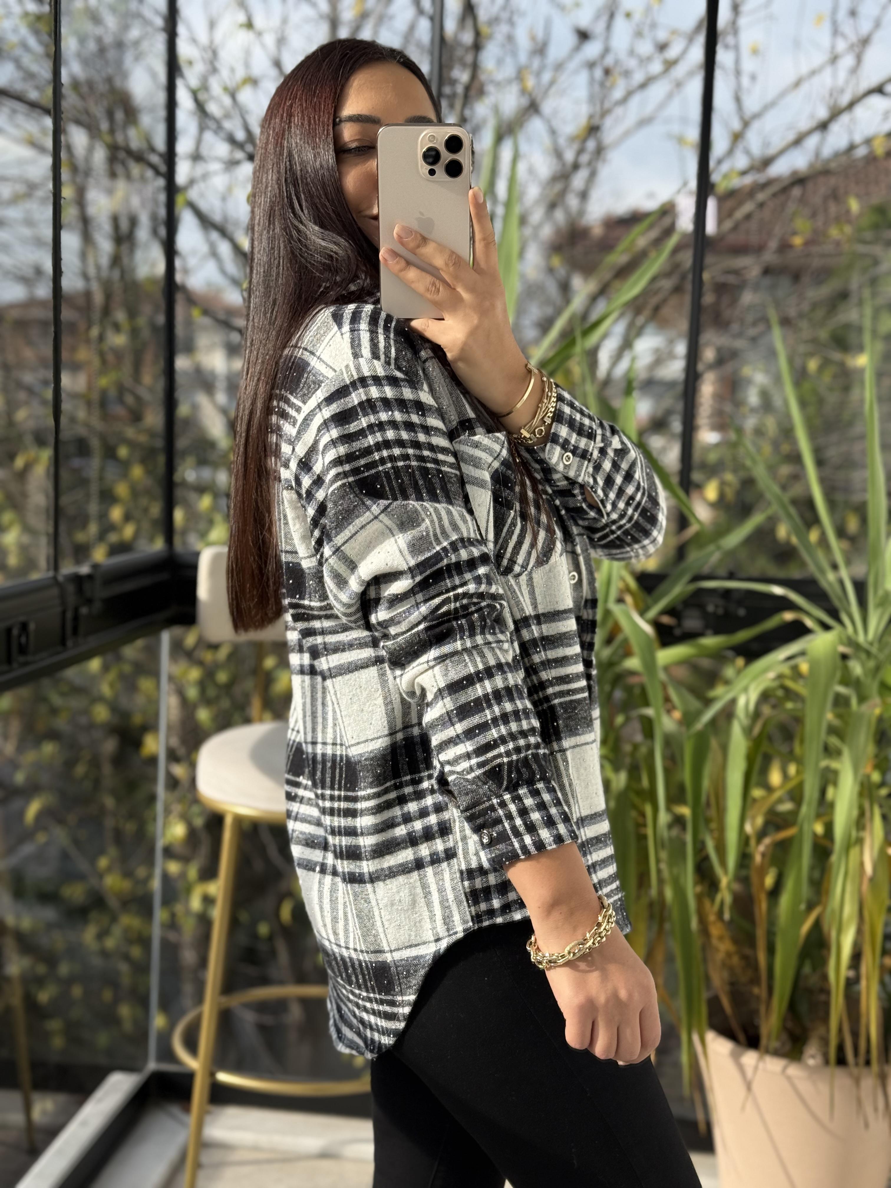 Taşlı Ekose Gömlek Siyah