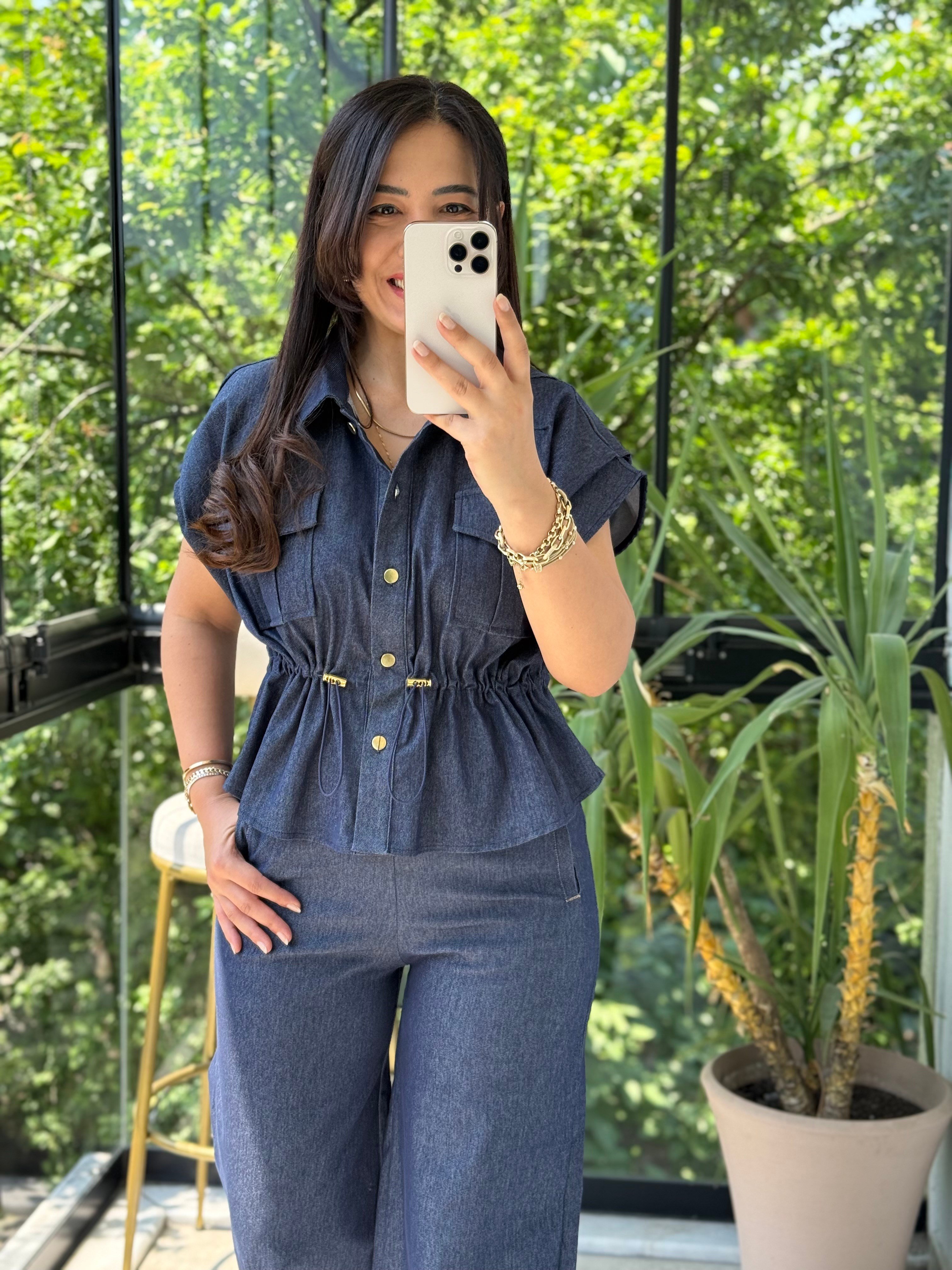 Gold Düğme Denim Gömlek Mavi