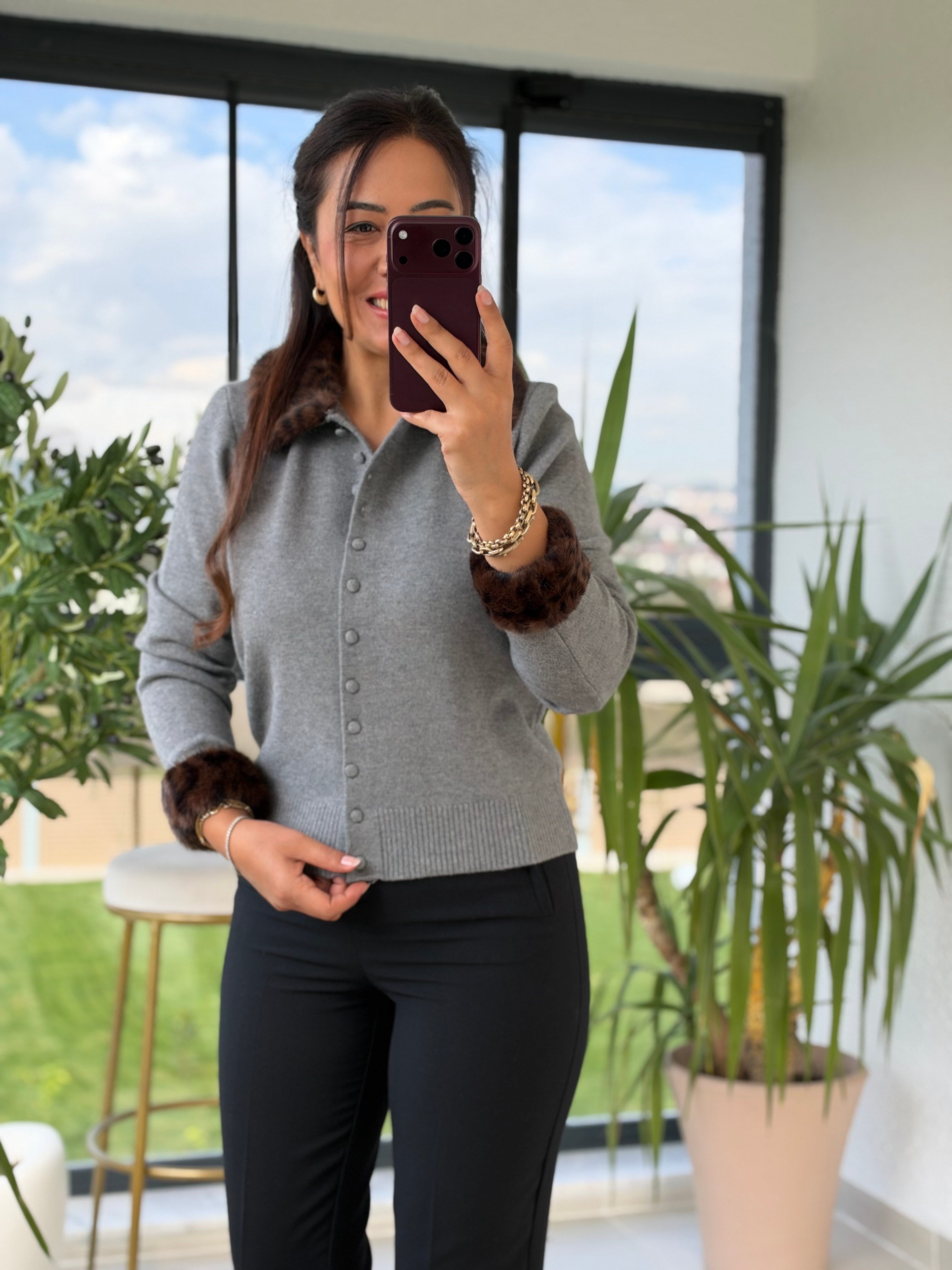 Leopar Kürklü Yakalı Lüx Seri Hırka Gri