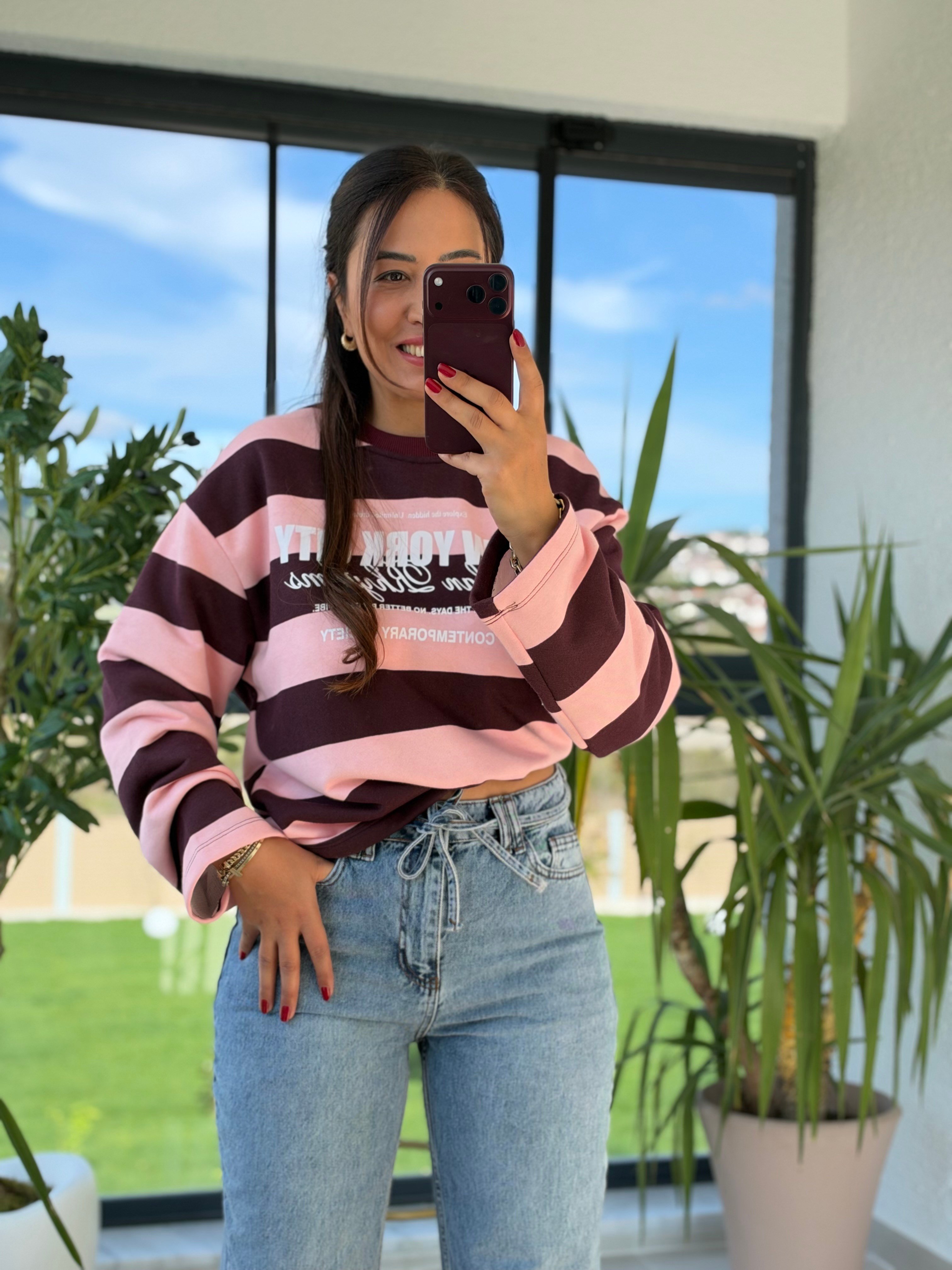 Kalın Çizgili New York Ctiy Sweatshirt Pembe
