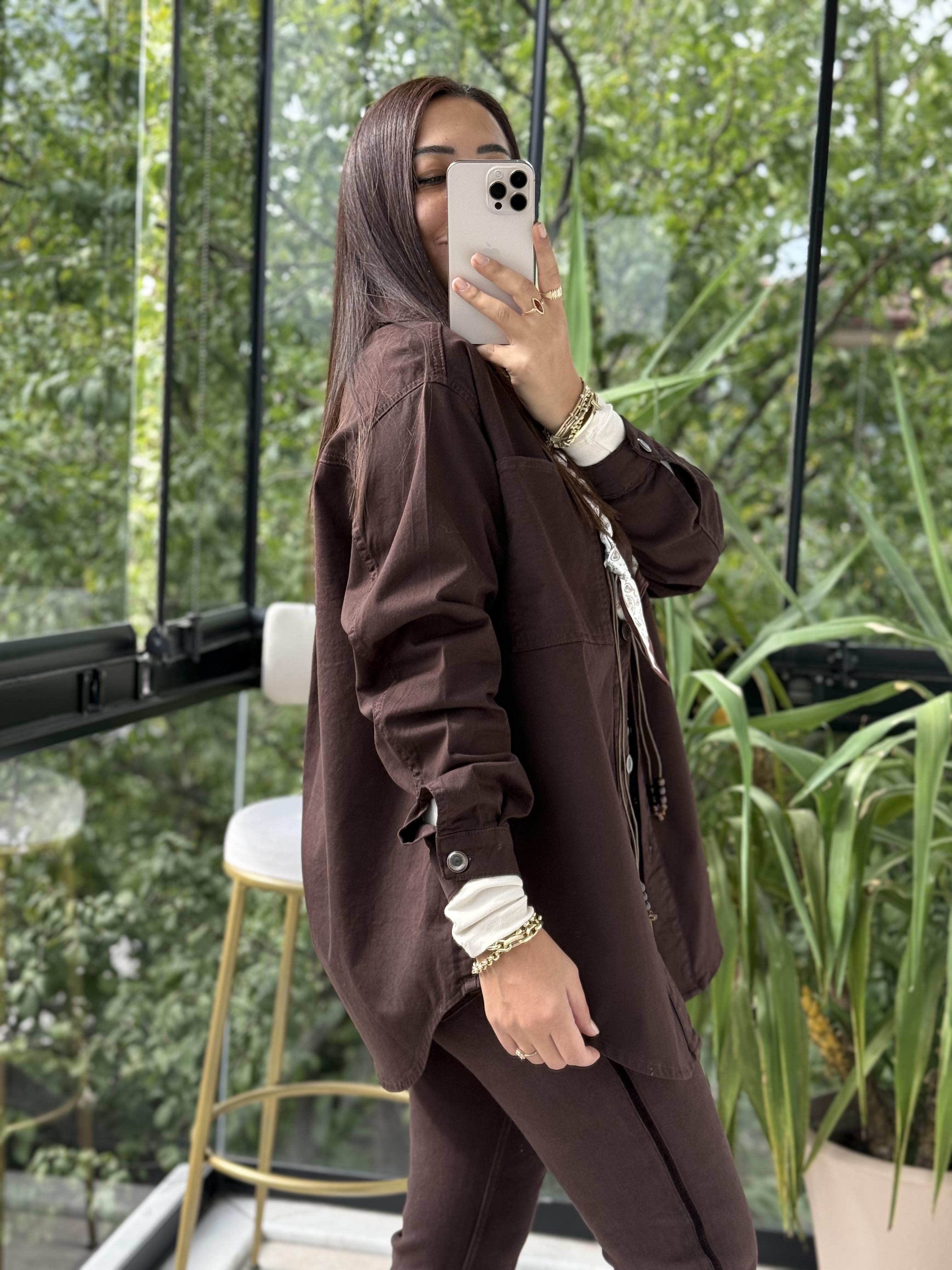 Düğmeli Oversize Gömlek Kahve