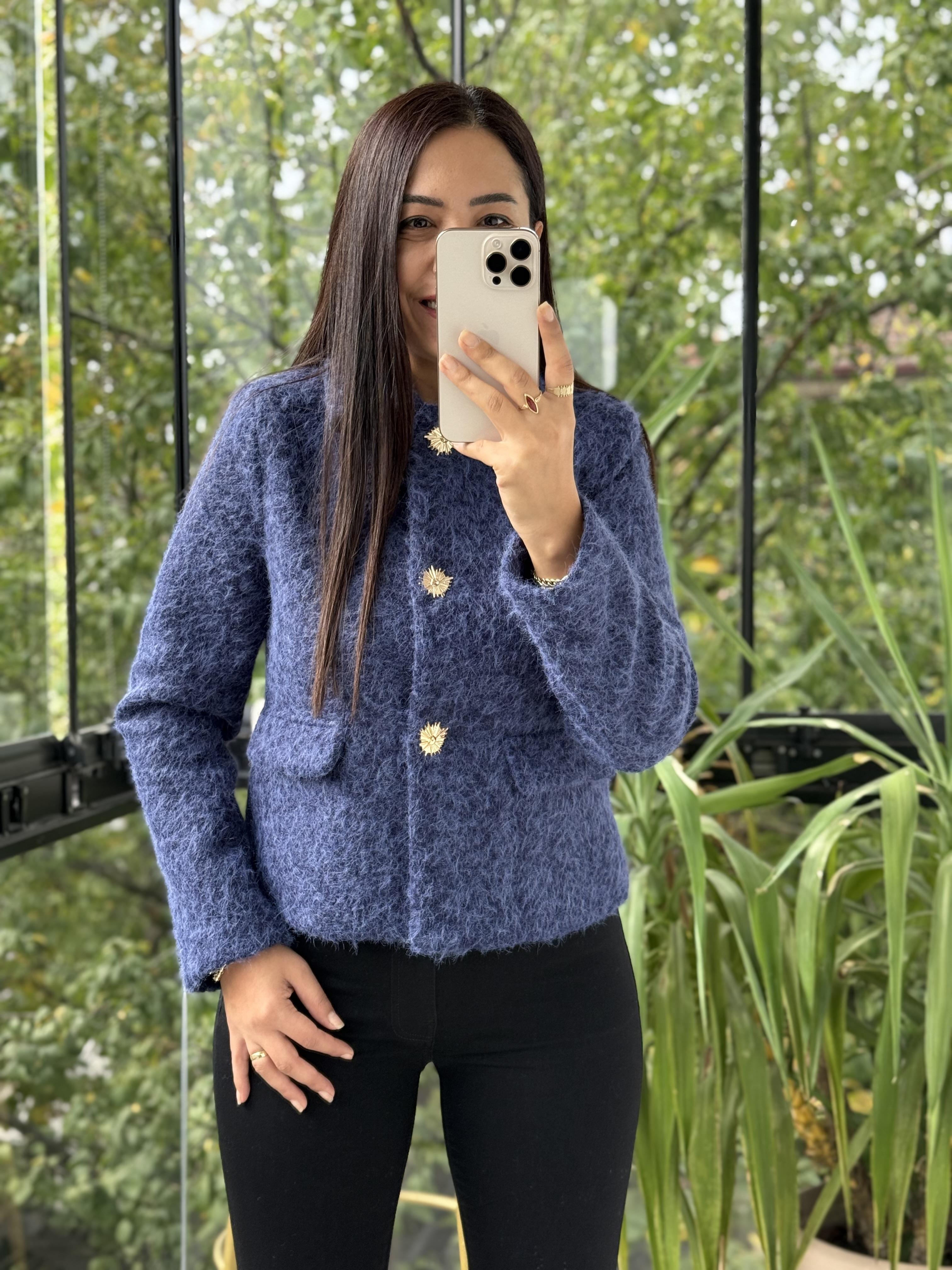 Kısa Gold Düğme Yün Ceket Lacivert