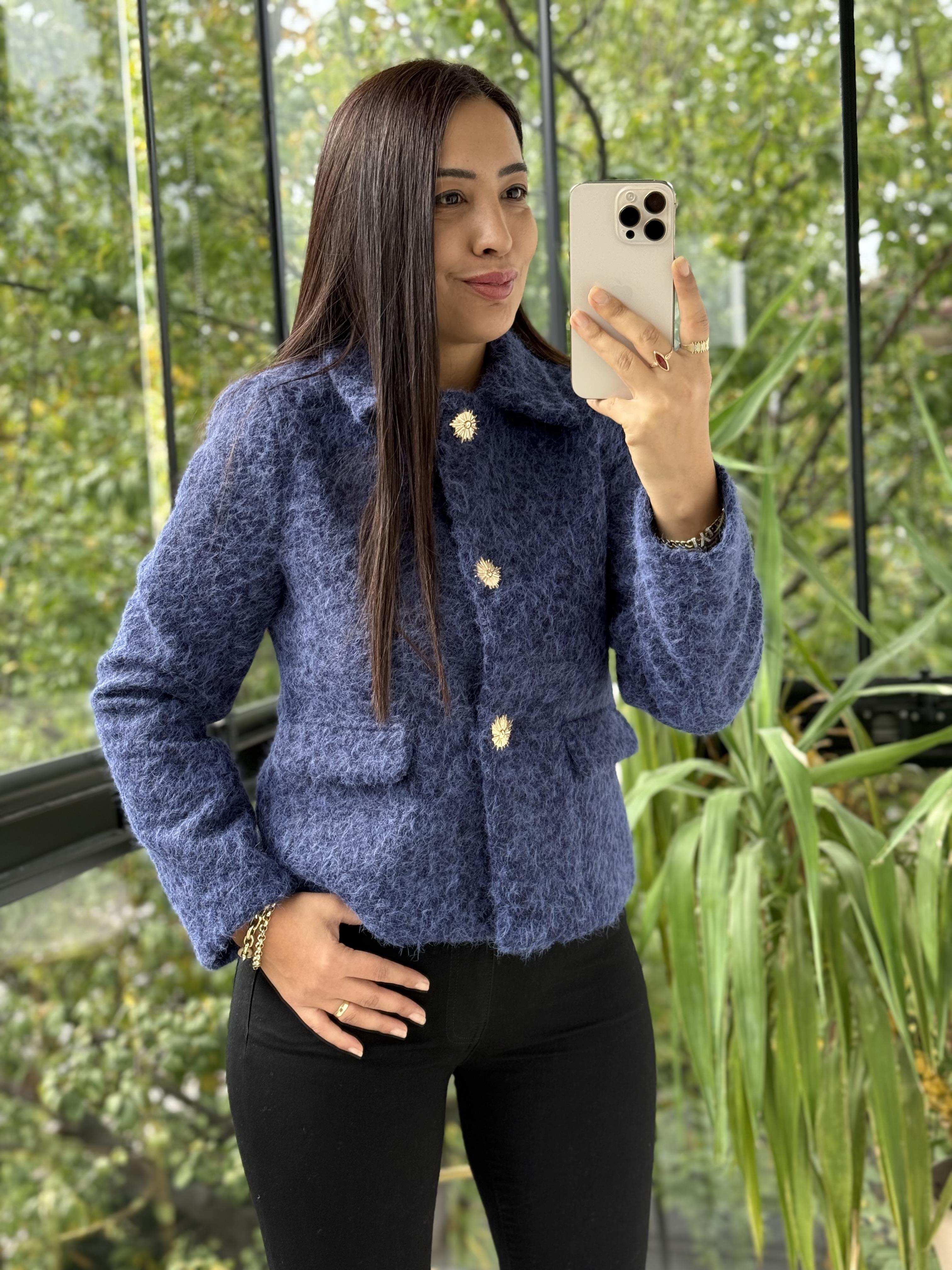 Kısa Gold Düğme Yün Ceket Lacivert