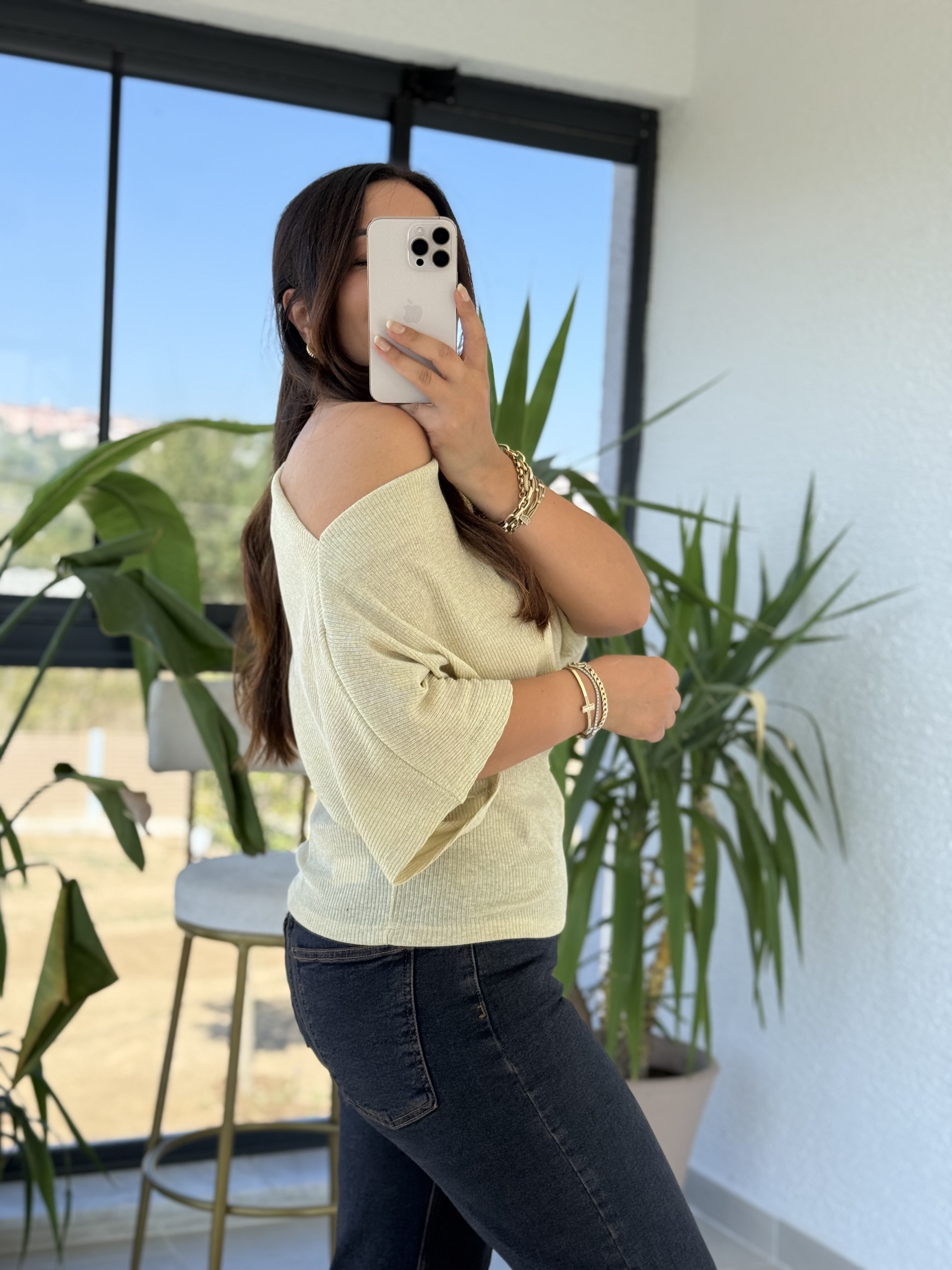Simli Kayık Yaka Triko Bej