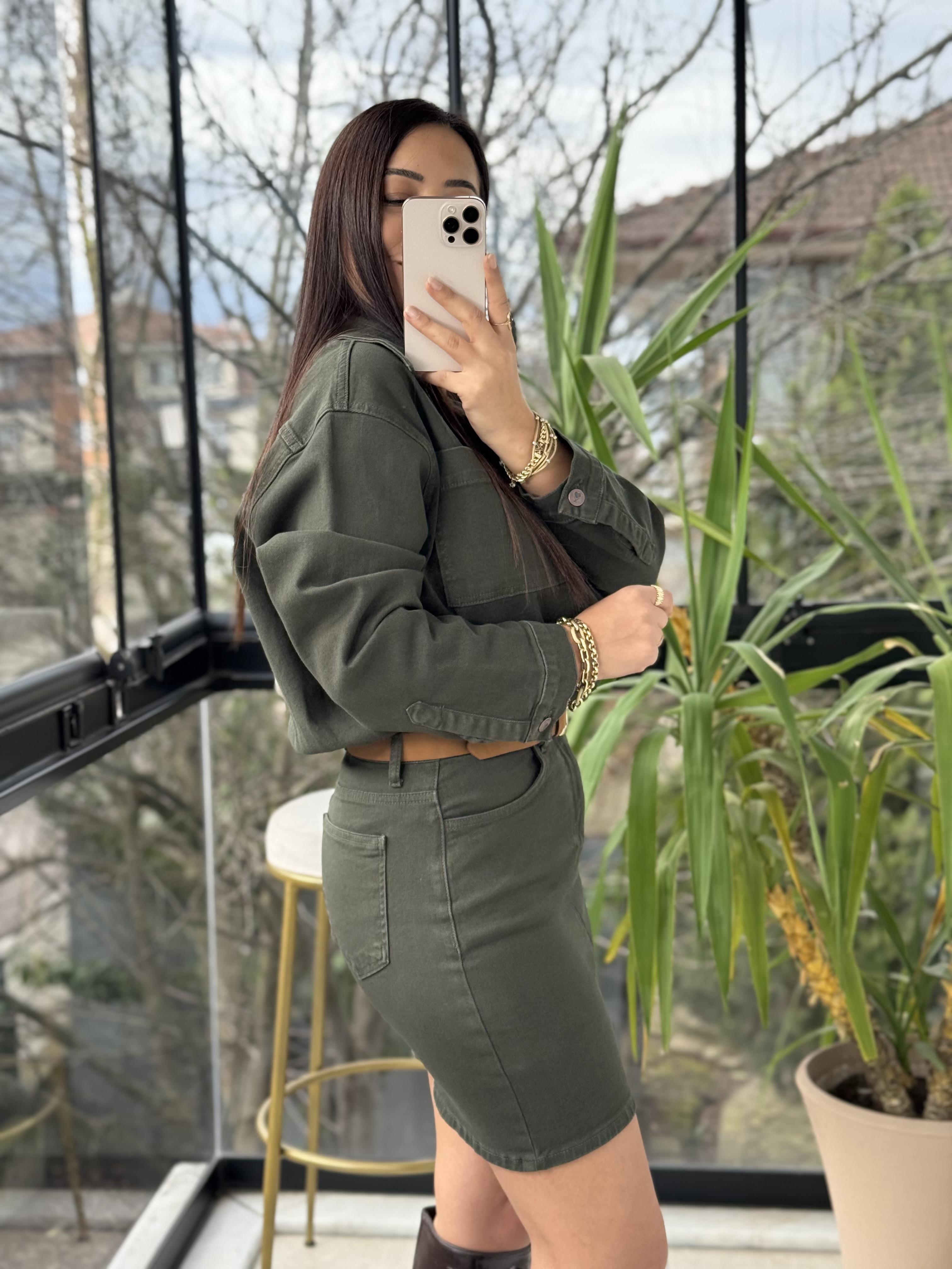 Düğmeli Mini Kot Elbise Haki Yeşili