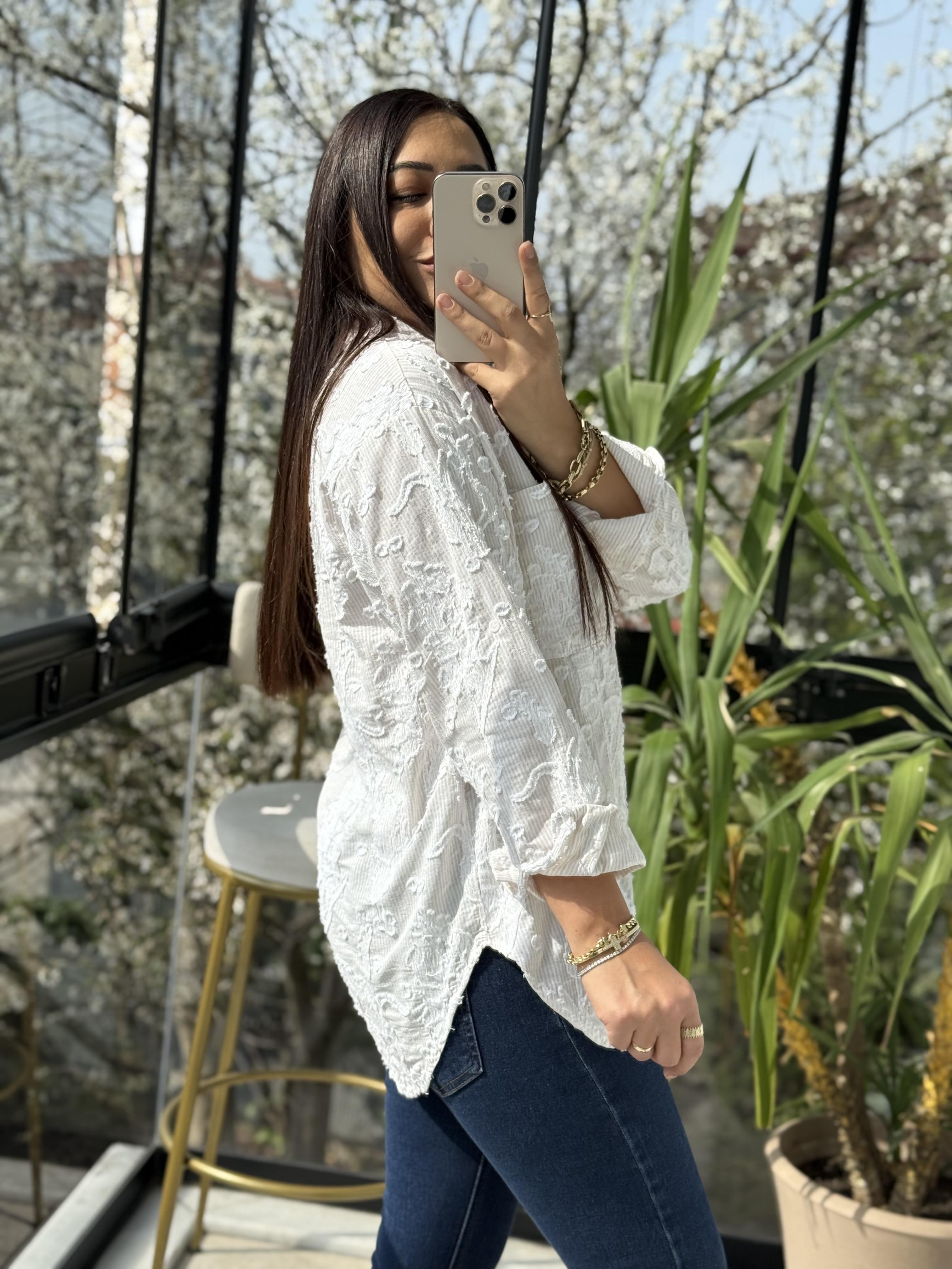 Kabartmalı Çizgili Pamuklu Gömlek Bej