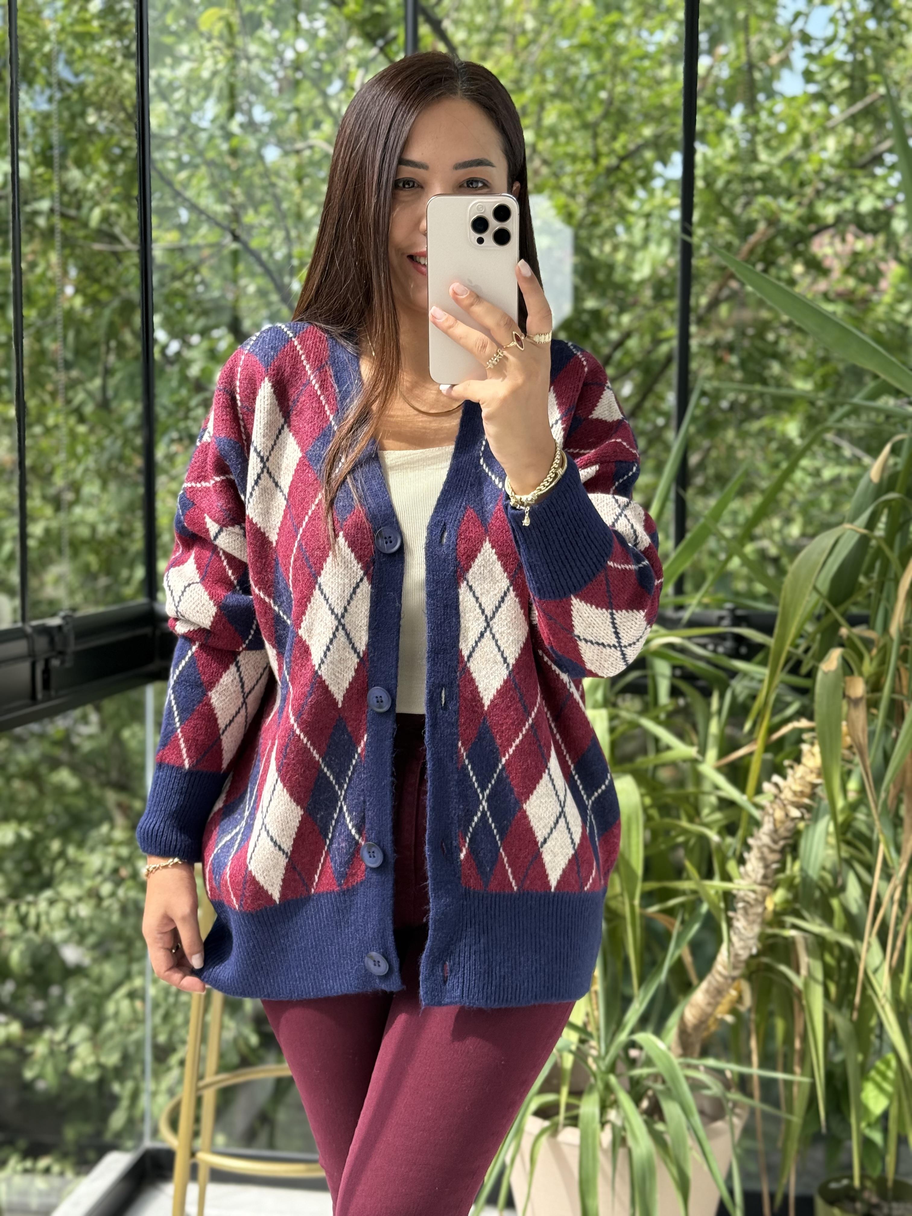 Baklava Jakarlı Hırka Bordo