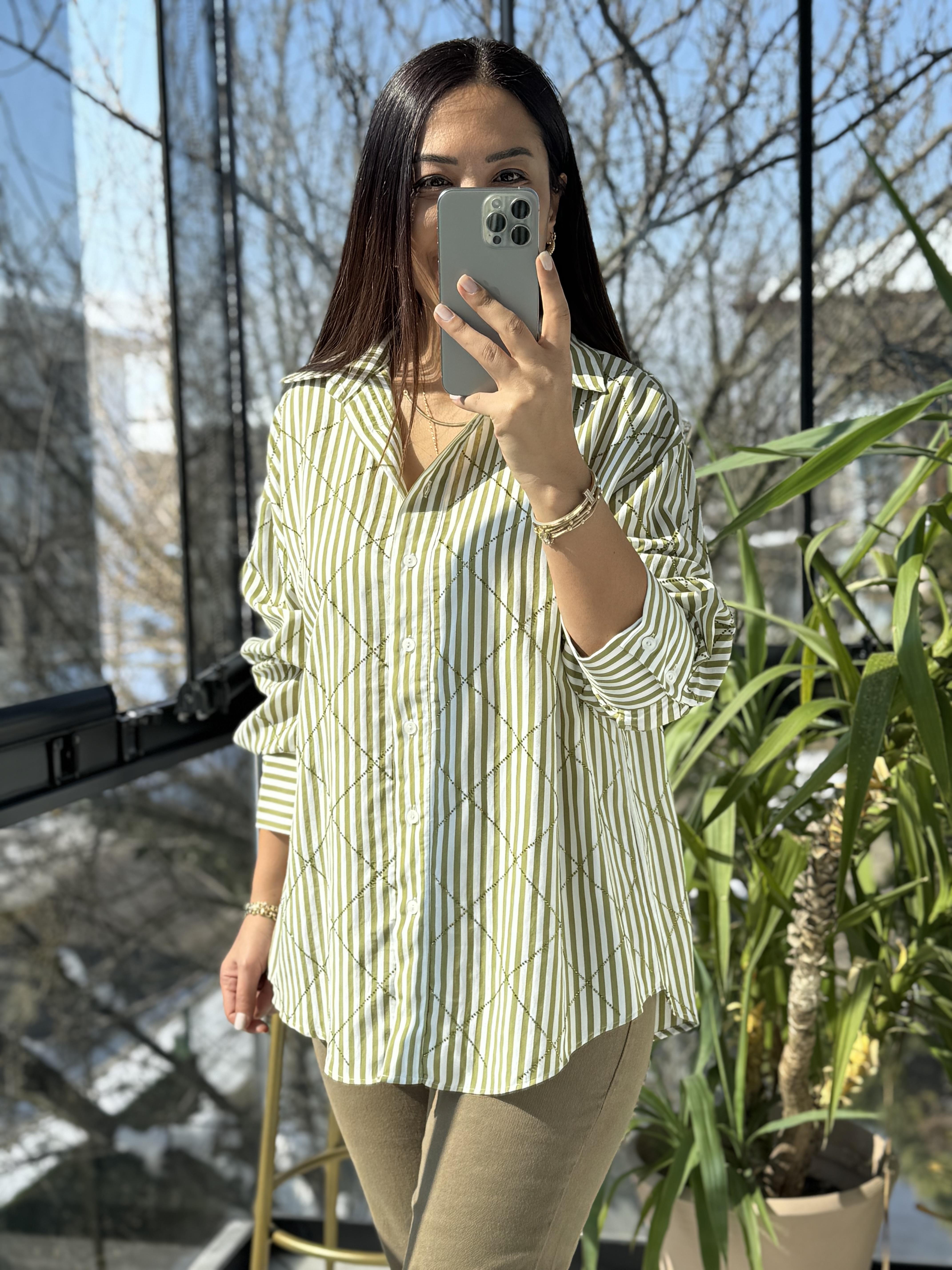 Baklava Taşlı Çizgili Oversize Gömlek Yağ Yeşili