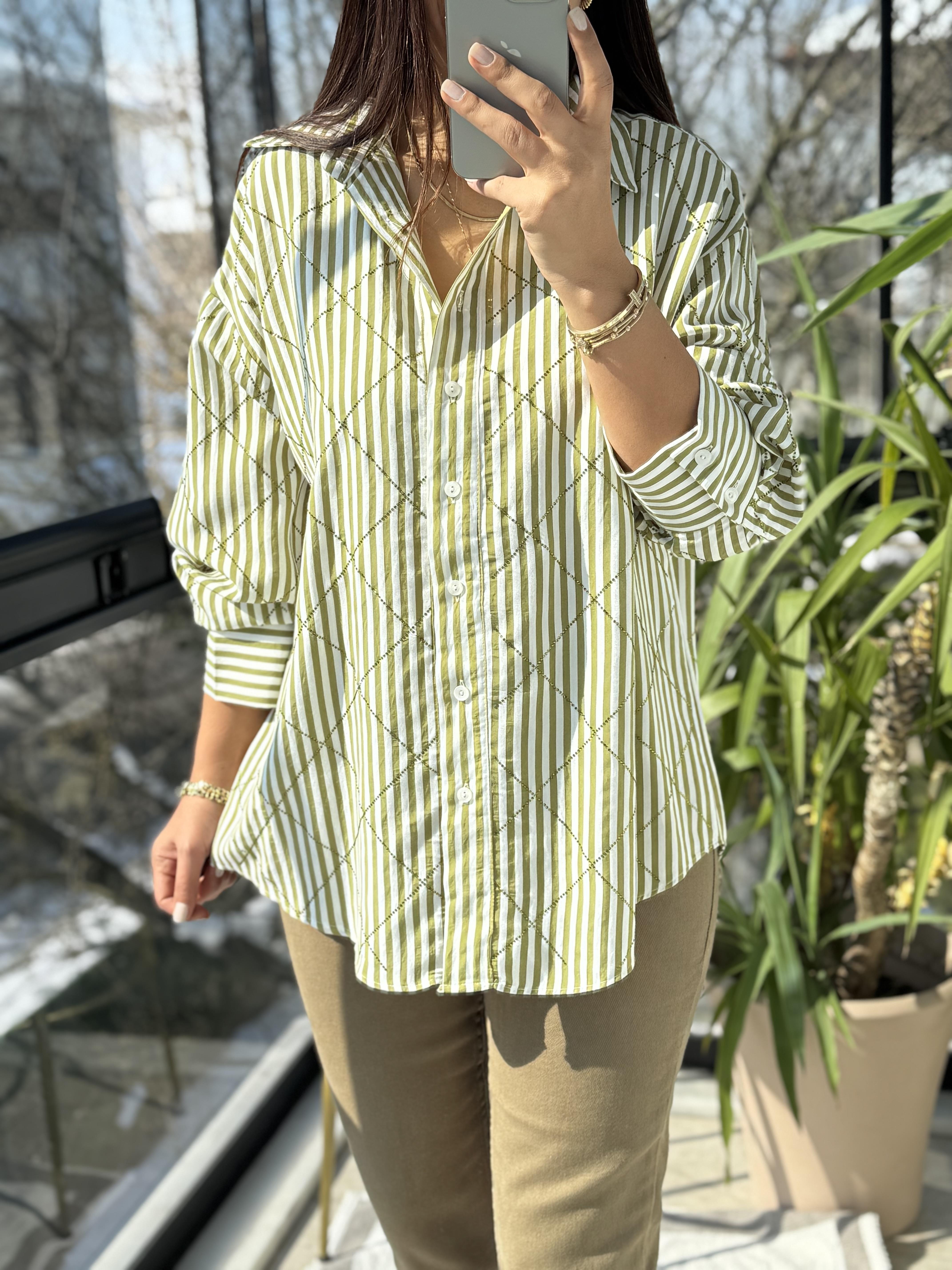 Baklava Taşlı Çizgili Oversize Gömlek Yağ Yeşili